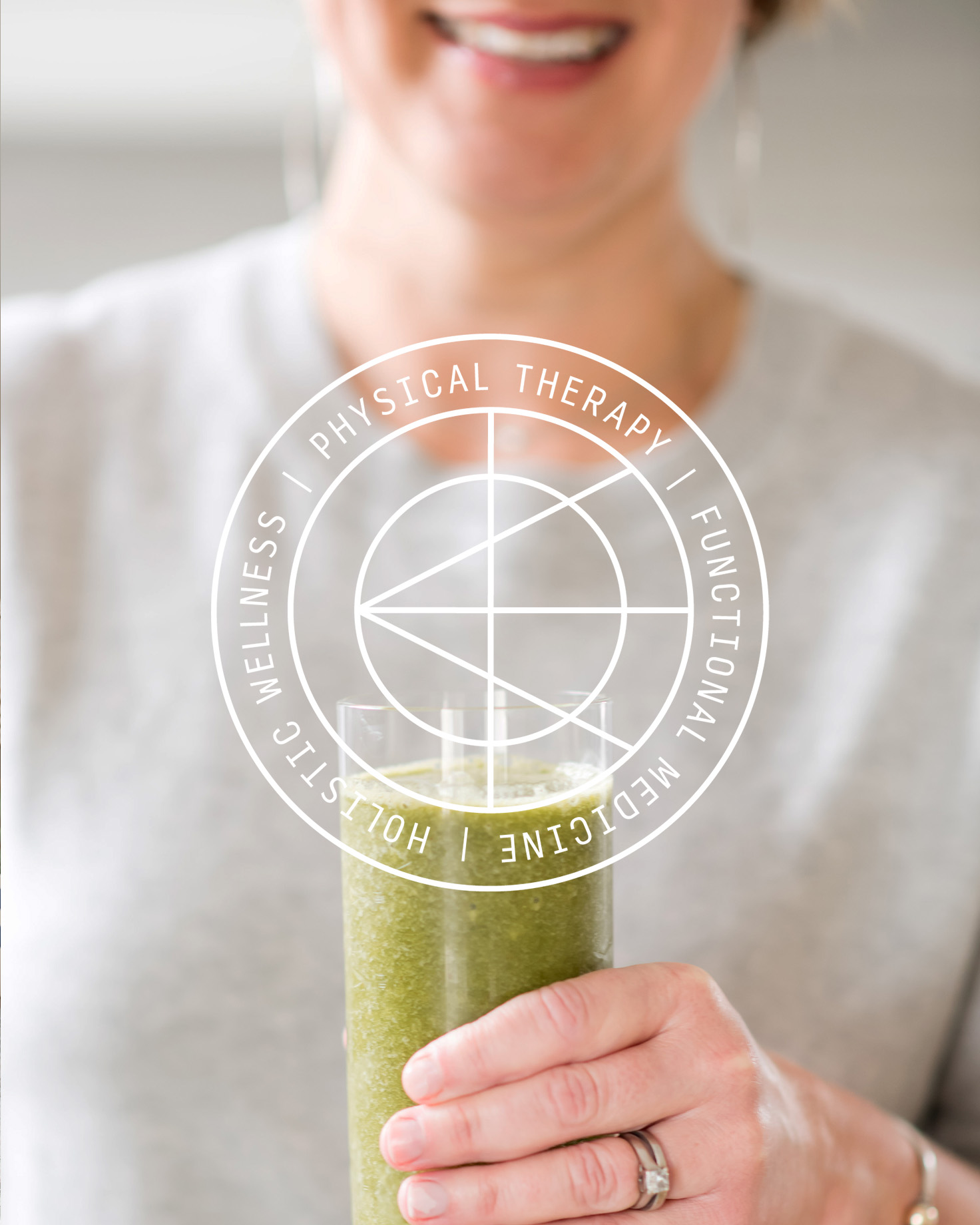 Close-up of a woman holding a glass of green smoothie with the Full Circle Wellness logo overlayed, highlighting physical therapy, functional medicine, and holistic wellness.