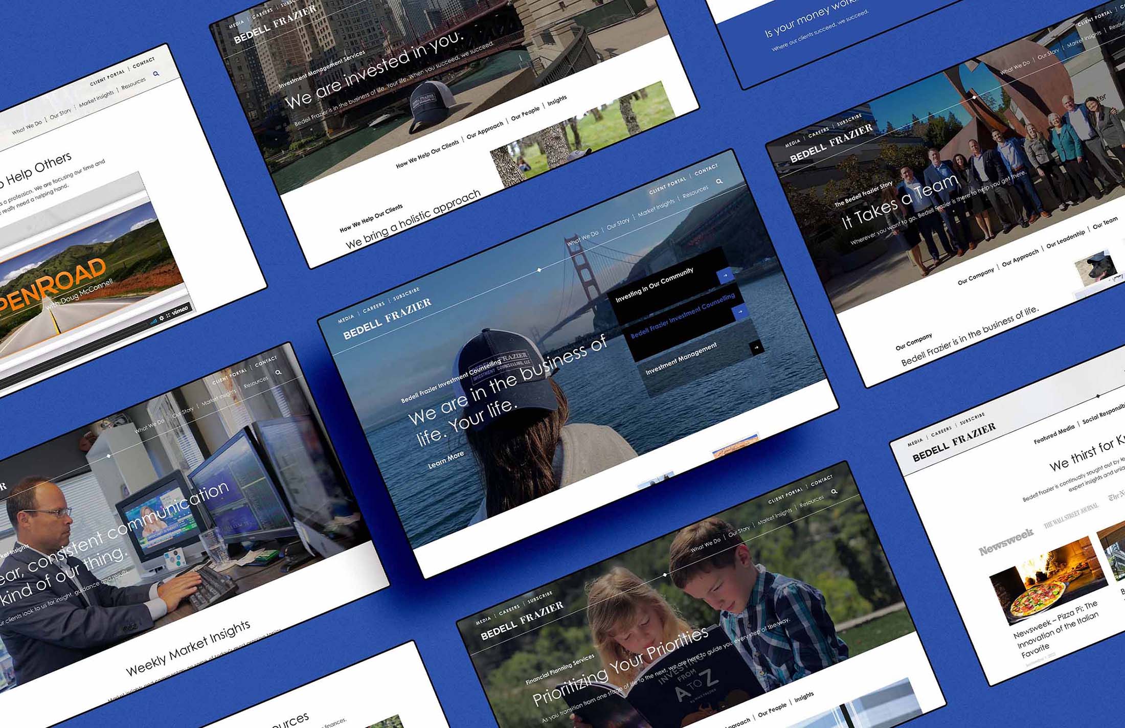 A collection of Bedell Frazier’s website pages displayed on a blue background, showcasing a modern and cohesive digital design highlighting their client-first approach and innovative services.