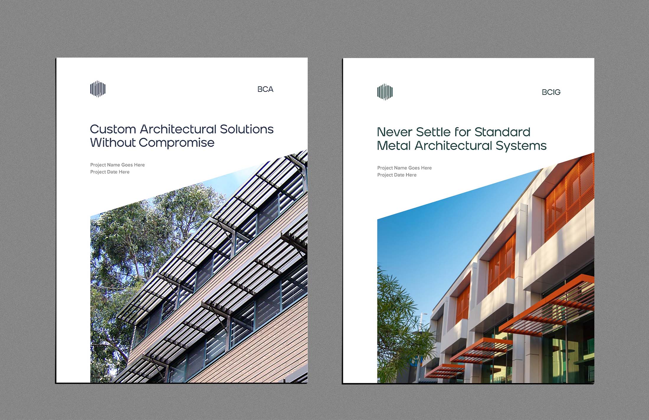 Project presentation covers for BCA and BCIG showcasing modern architectural solutions. The left features a building with metal awnings under the title “Custom Architectural Solutions Without Compromise,” while the right highlights a contemporary structure with orange accents under the title “Never Settle for Standard Metal Architectural Systems.”