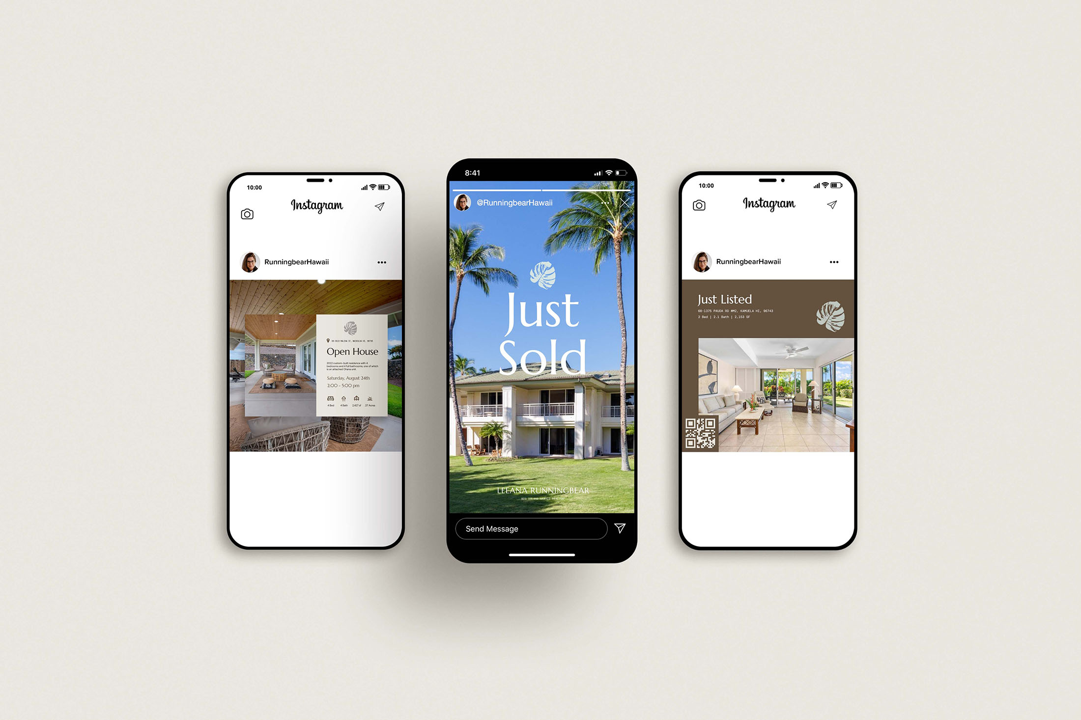 Instagram promotional graphics for Leeana Runningbear Realtor®, showcasing “Just Sold,” “Open House,” and “Just Listed” templates, each highlighting Hawaii’s luxury real estate properties with tropical imagery.