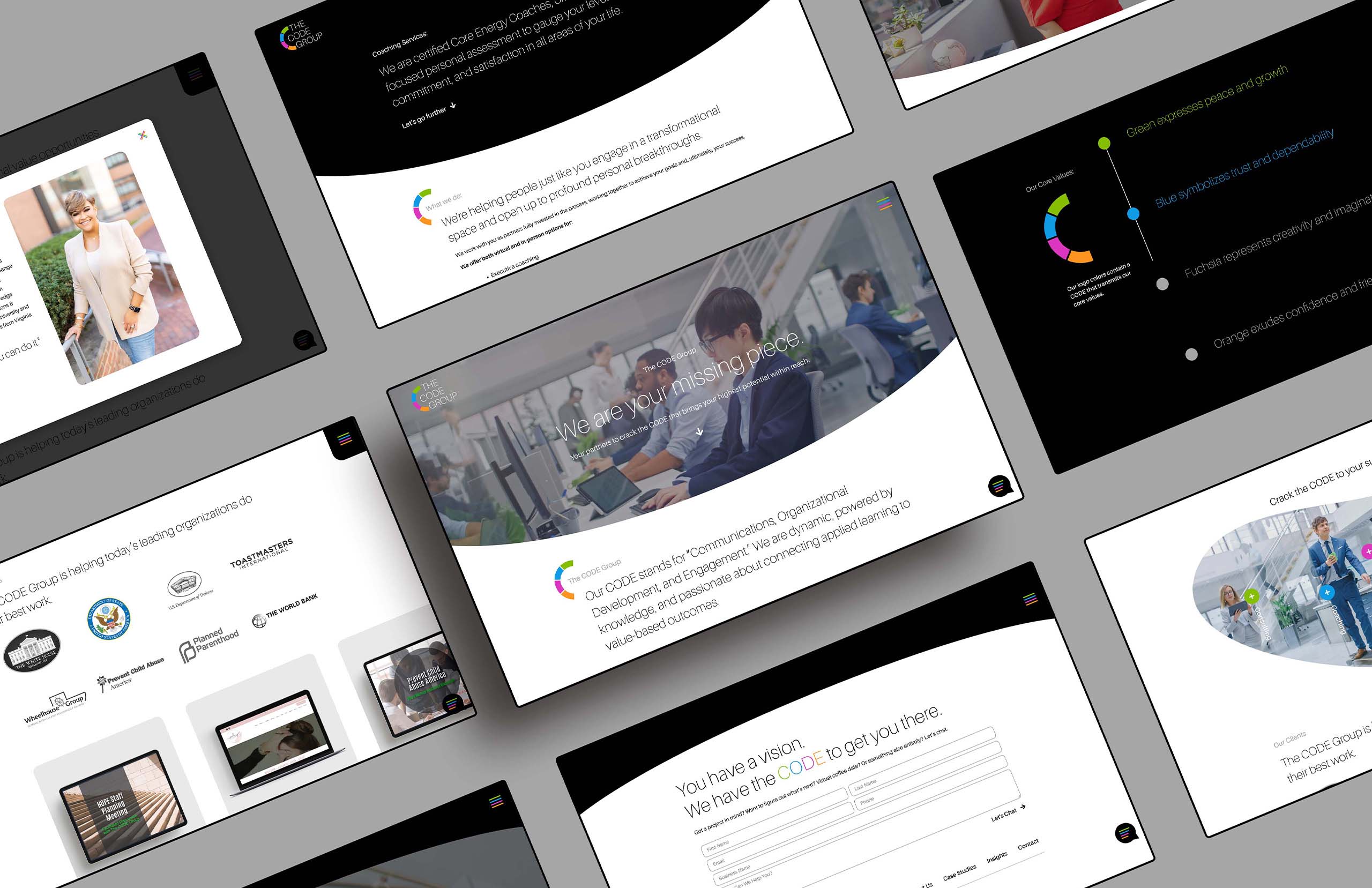 Multiple website pages of The CODE Group displayed in a layered view, highlighting their modern web design, services, and client logos.