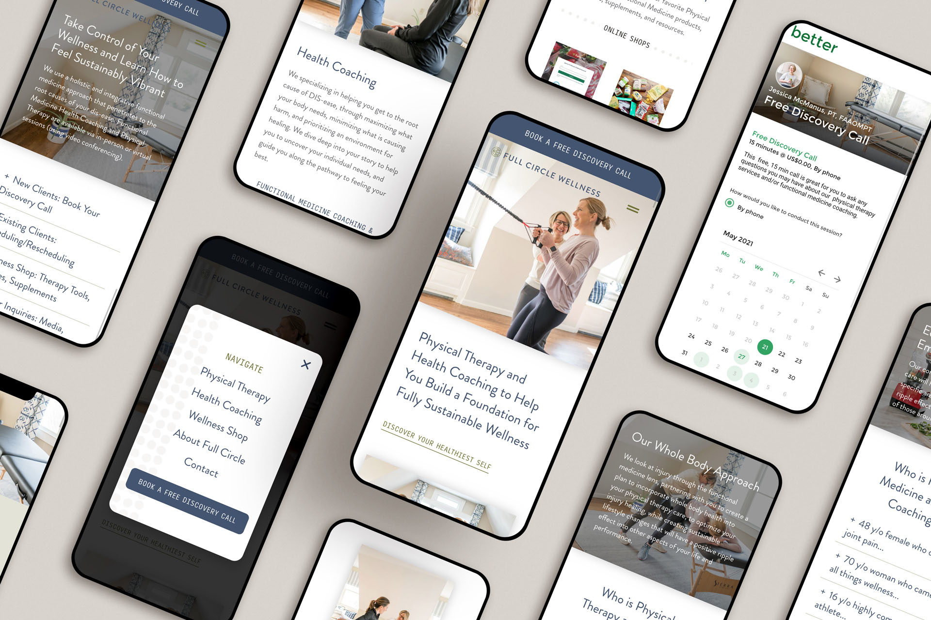 A collection of mobile screens showcasing the Full Circle Wellness website, emphasizing easy navigation for physical therapy, coaching, and contact options.