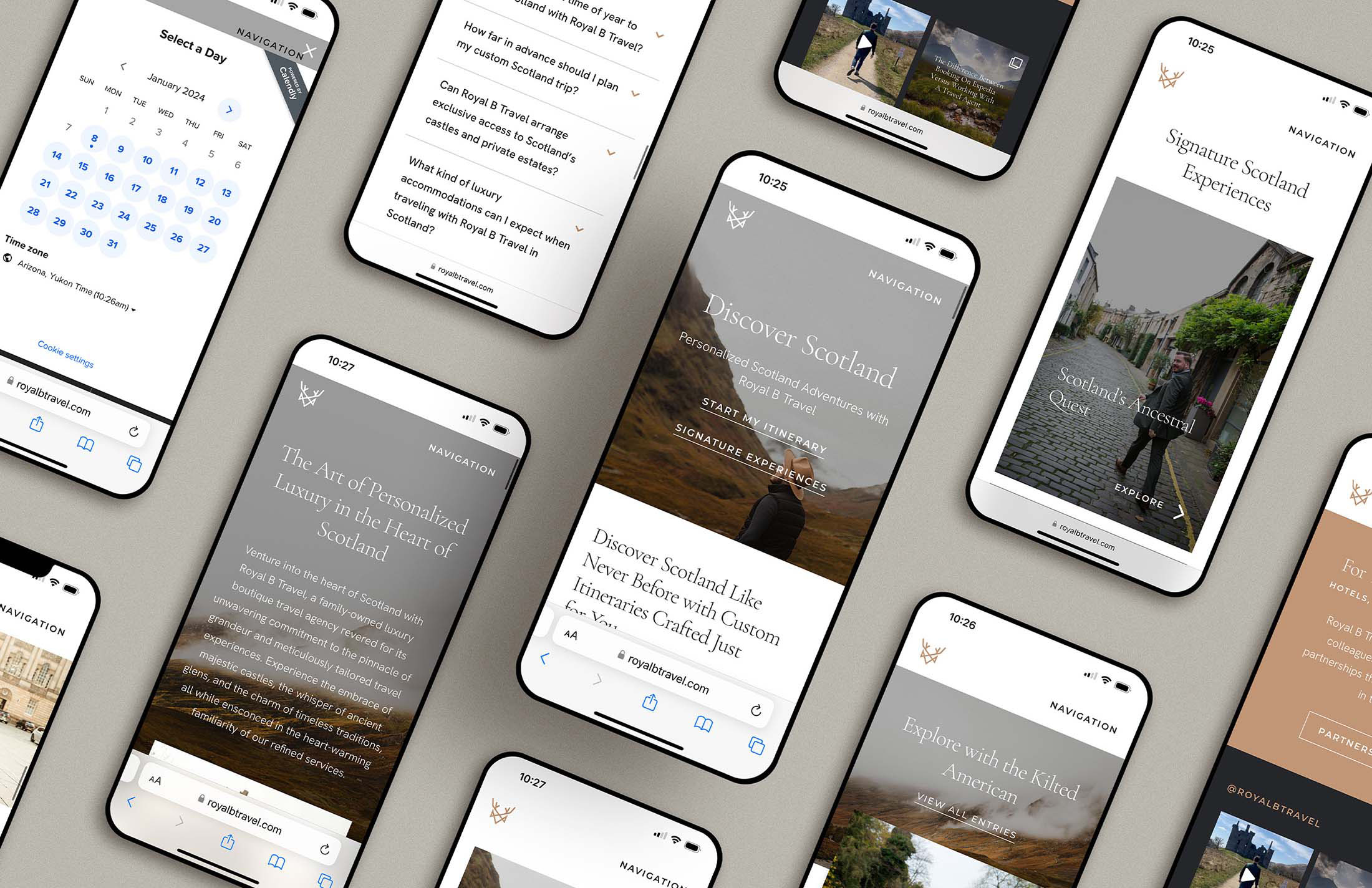 Royal B Travel website mobile interface showcasing various Scotland travel itineraries, FAQs, and signature experiences displayed across multiple smartphones.