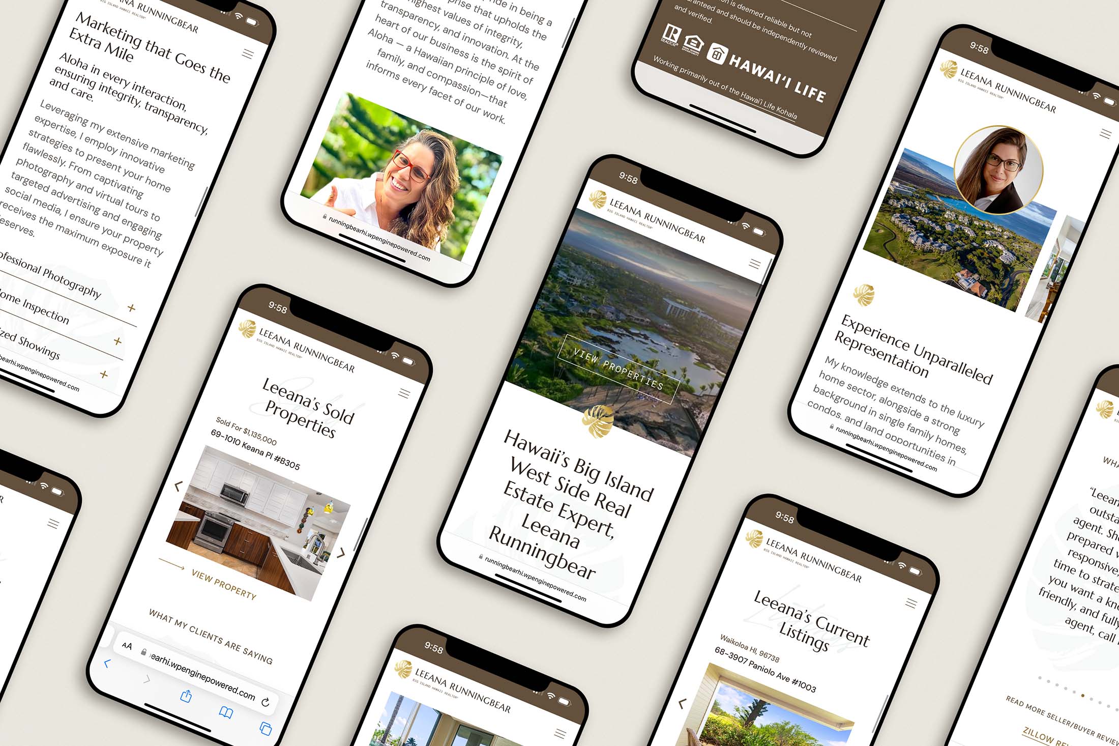 Mobile website mockups for Leeana Runningbear Realtor®, displaying her branding, property listings, and marketing highlights in a clean and professional design.