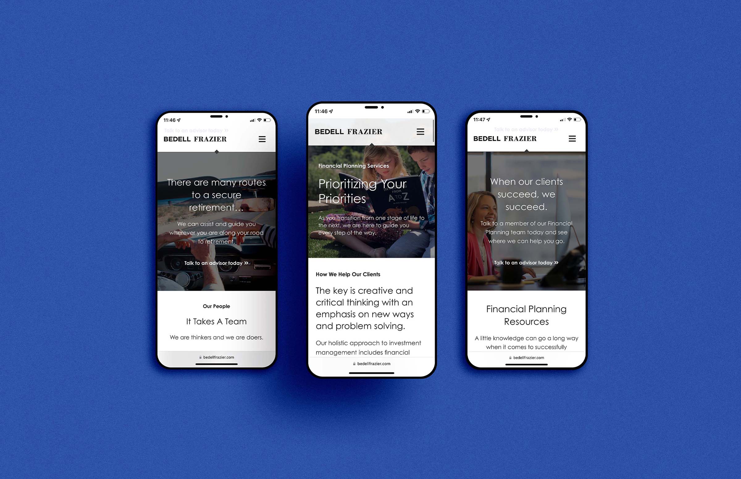 Mobile website mockups of Bedell Frazier Investment Counselling displayed on three smartphones, highlighting financial planning services, secure retirement routes, and client success stories, set against a blue background.