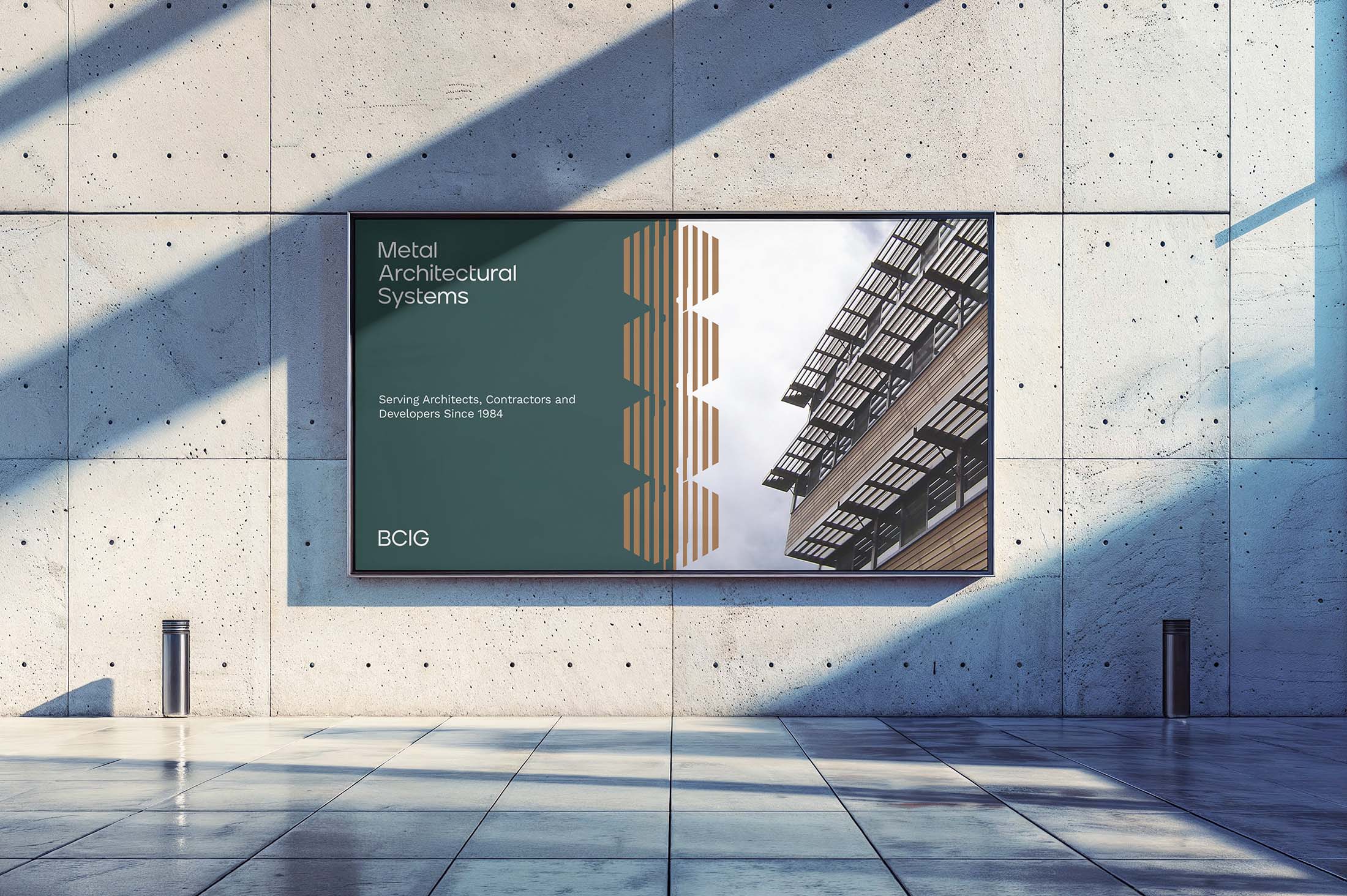 Metal Architectural Systems advertisement mockup displayed in a modern airport or train station setting, featuring the BCIG logo, custom branding, and a building design with metal awnings.