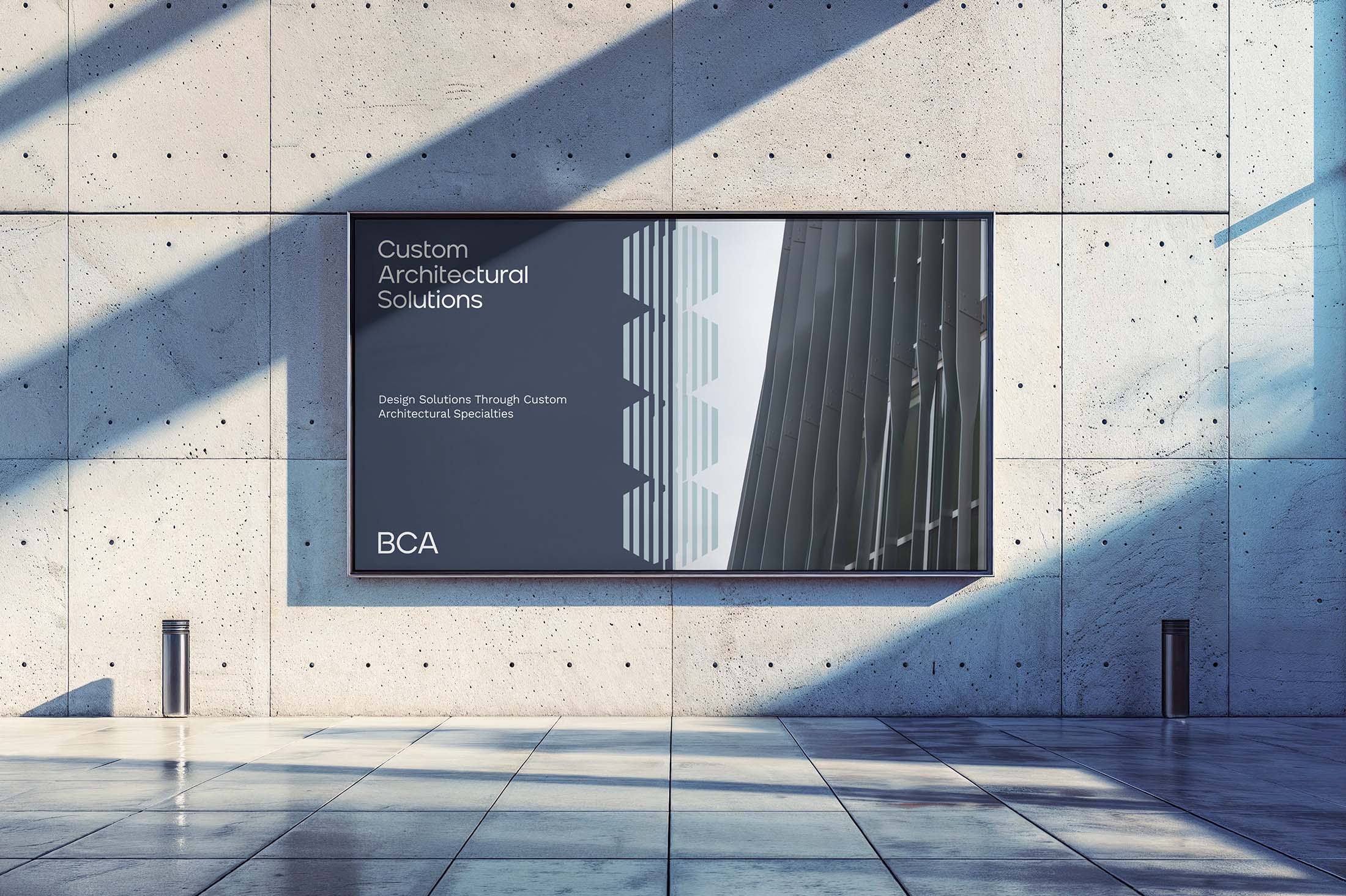 Custom Architectural Solutions advertisement mockup in an airport or train station, showcasing the BCA logo, clean branding, and architectural facade elements with vertical lines.