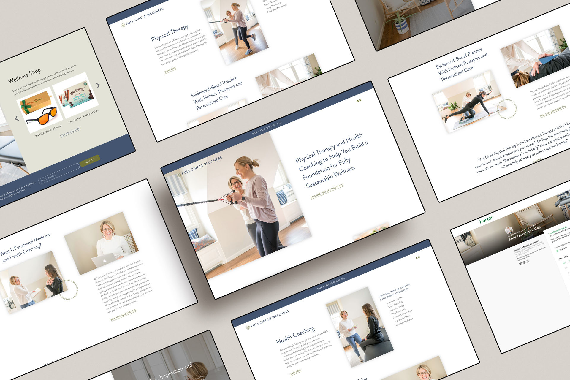 A collage of Full Circle Wellness website pages showcasing its design, featuring sections on physical therapy, health coaching, and the wellness shop.