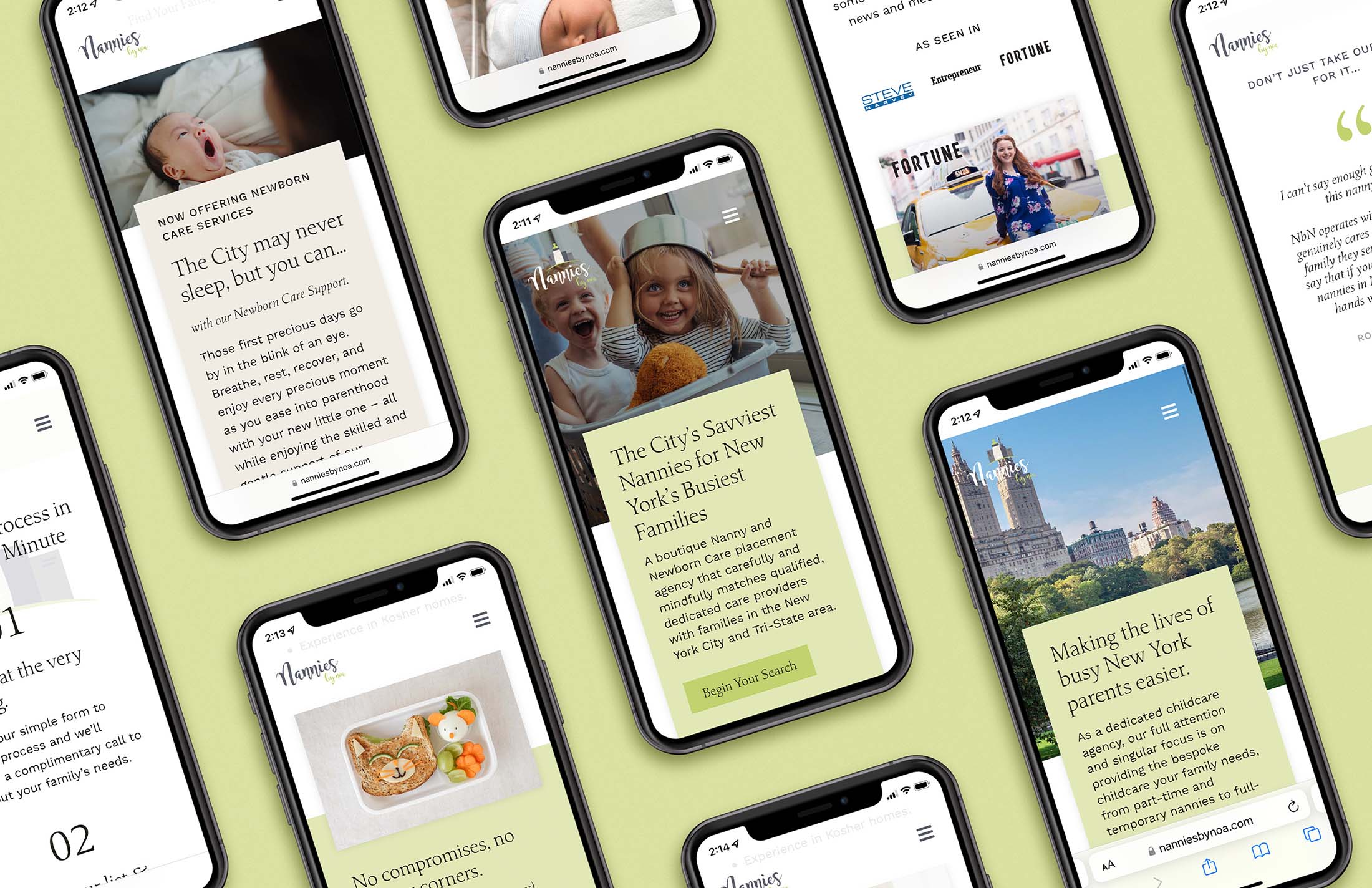 Mobile mockups of the Nannies by Noa website showcasing various screens and features, emphasizing the agency’s services and commitment to busy New York families