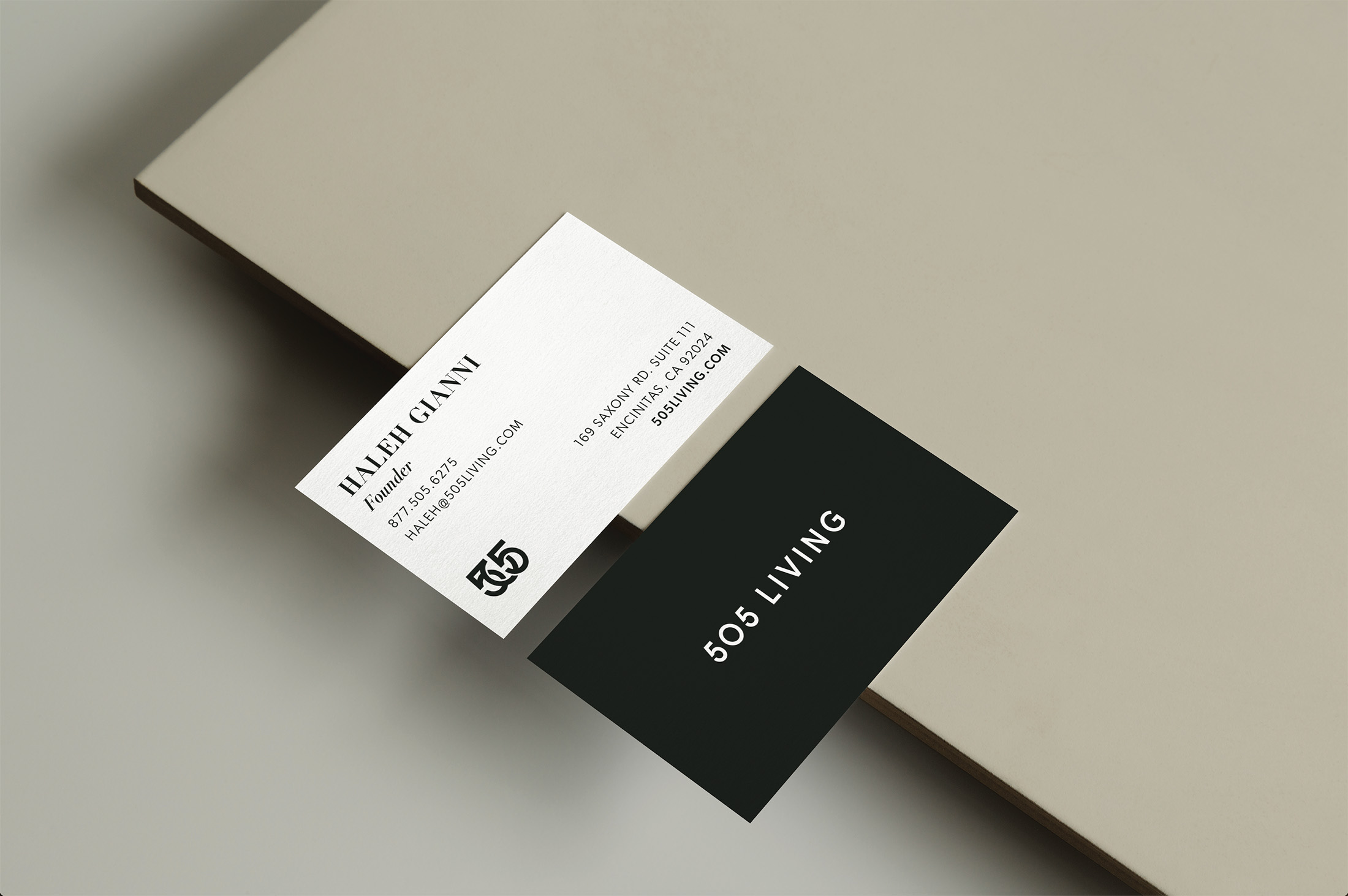 505 Living business card design featuring clean typography, the bold logo, and a minimalist layout, reflecting the brand’s professional and modern identity.