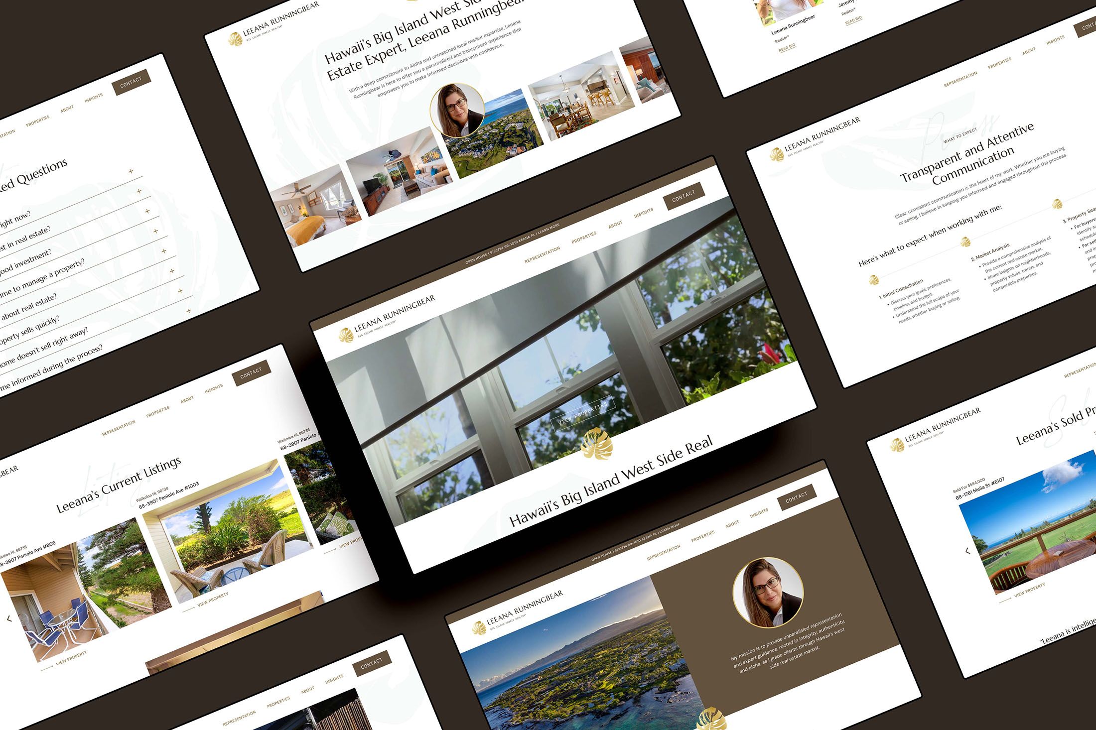 A digital display featuring website mockups for Leeana Runningbear Realtor®, highlighting the modern, elegant design with property listings and branding elements.