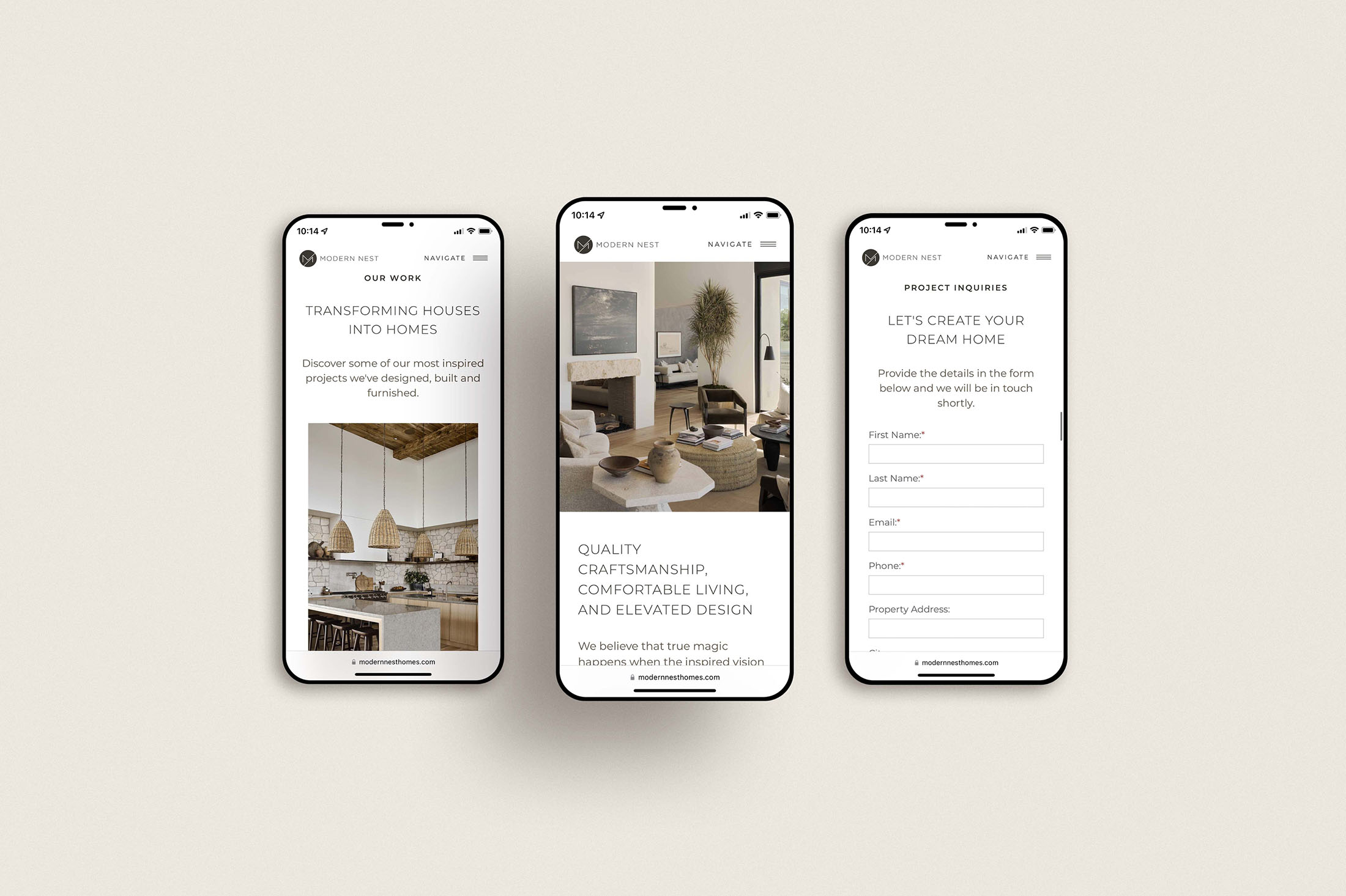 Three mobile screens showcasing Modern Nest Homes’ responsive website design, highlighting their portfolio, dedication to quality craftsmanship, and an intuitive project inquiry form for custom home creation.