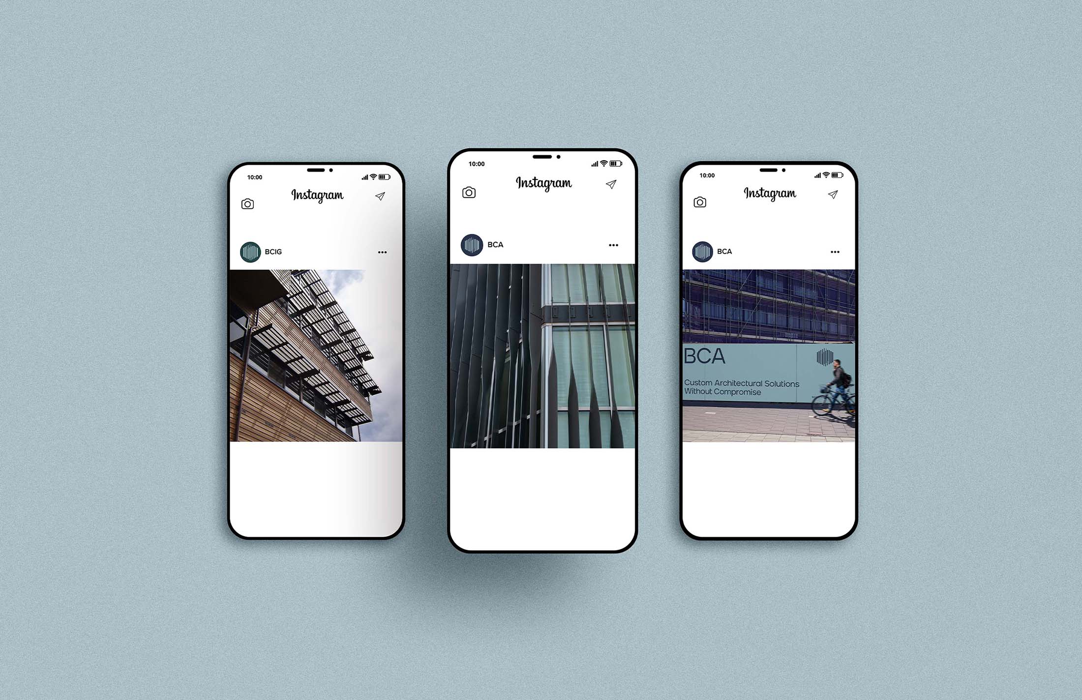 Instagram post mockups for BCA and BCIG showcasing architectural projects, including a building with metal awnings, vertical facade designs, and a cyclist passing a branded construction site with the tagline “Custom Architectural Solutions Without Compromise.”