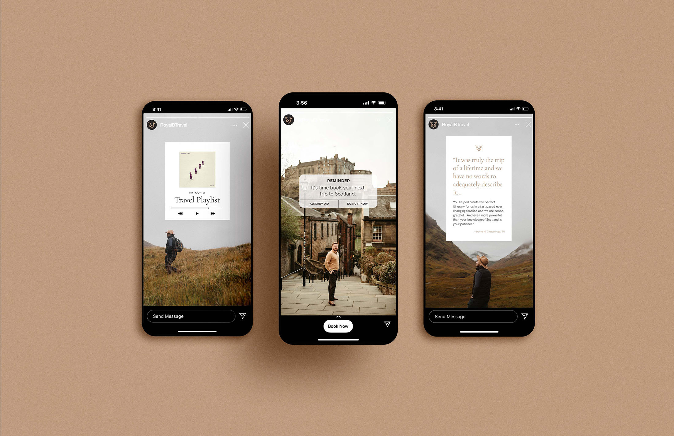 Royal B Travel Instagram stories featuring branded templates for travel inspiration, client testimonials, and curated travel playlists, presented on a tan background.