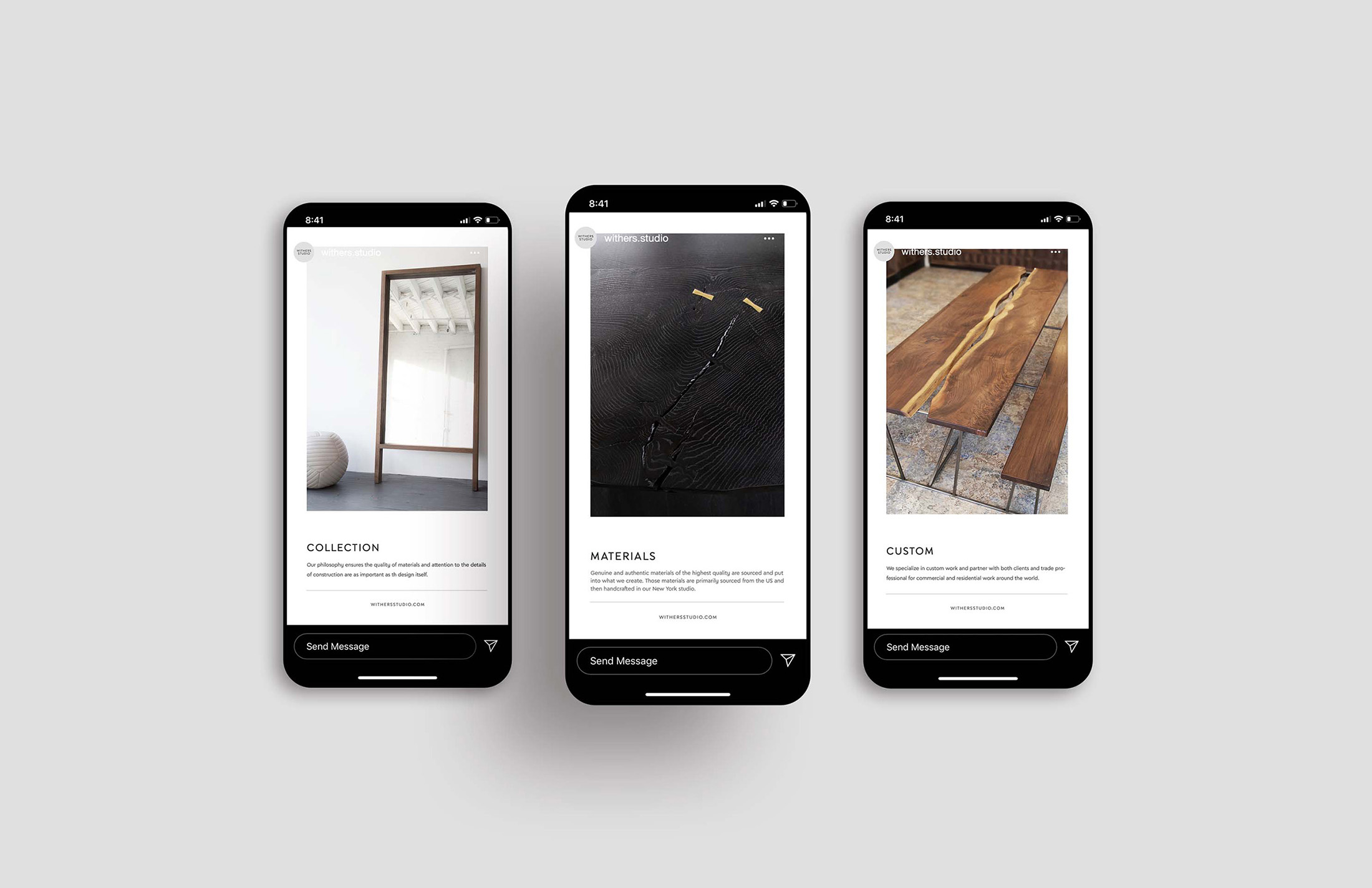 Mobile mockups of Withers Studio’s Instagram page showcasing its branding strategy, highlighting curated content for collections, materials, and custom furniture design.