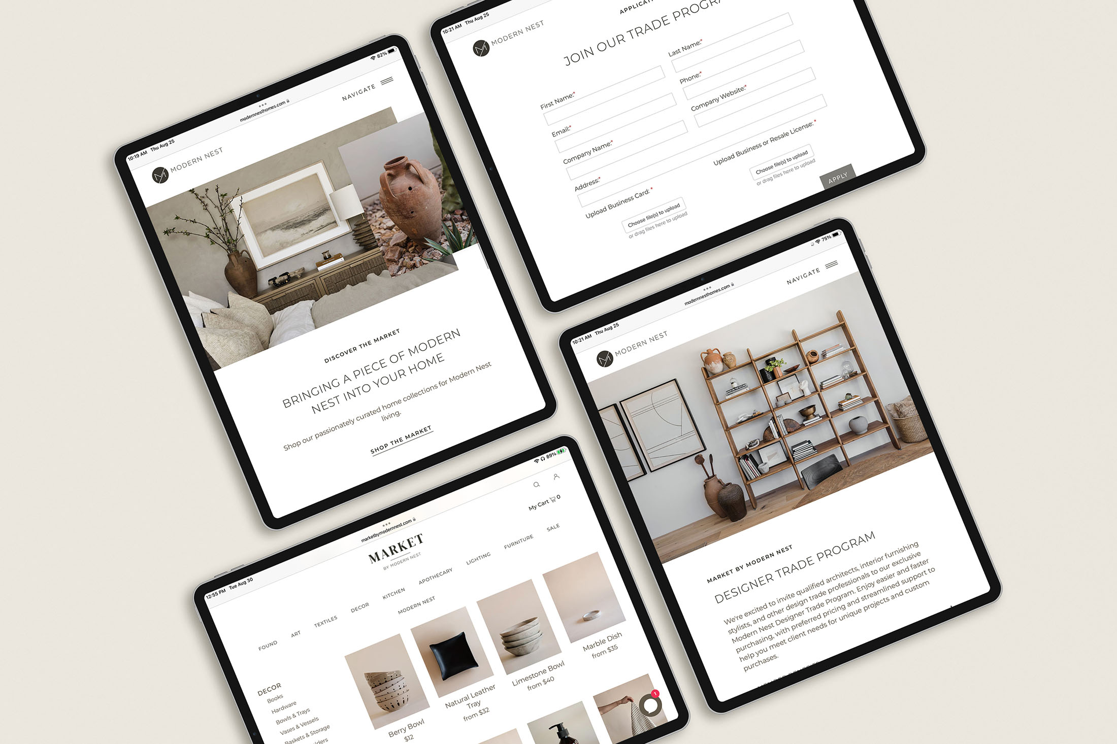 Tablets displaying the Market by Modern Nest eCommerce site and its Designer Trade Program page.