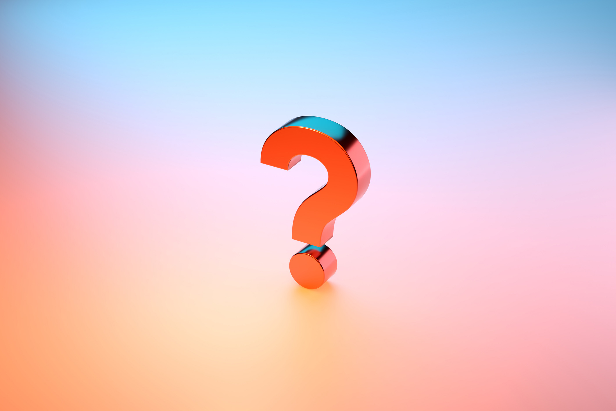 Red metallic question mark on a gradient background blending soft blue, pink, and orange tones, symbolizing curiosity or inquiry.