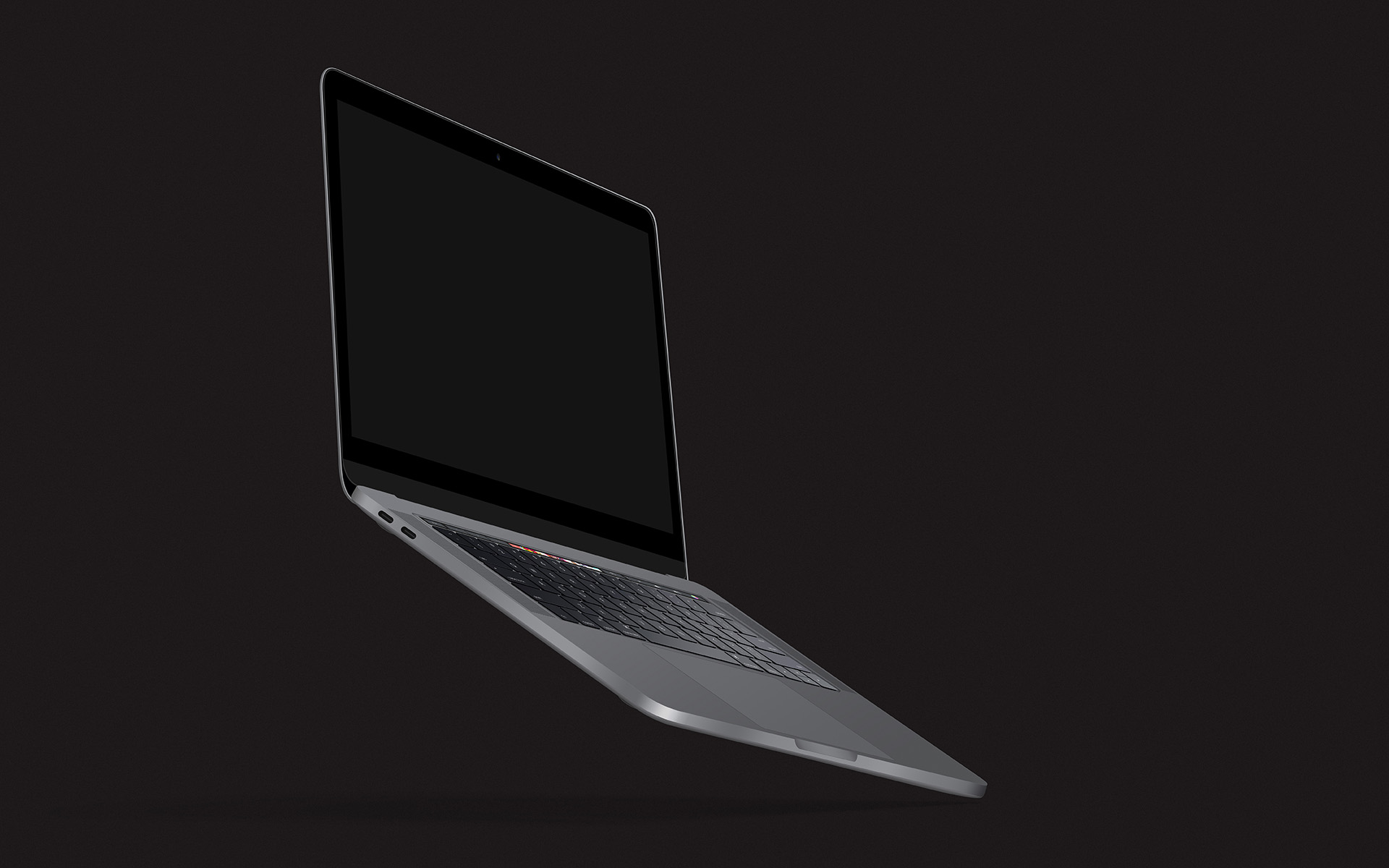 Side view of a sleek open laptop with a blank black screen, floating against a dark black background.