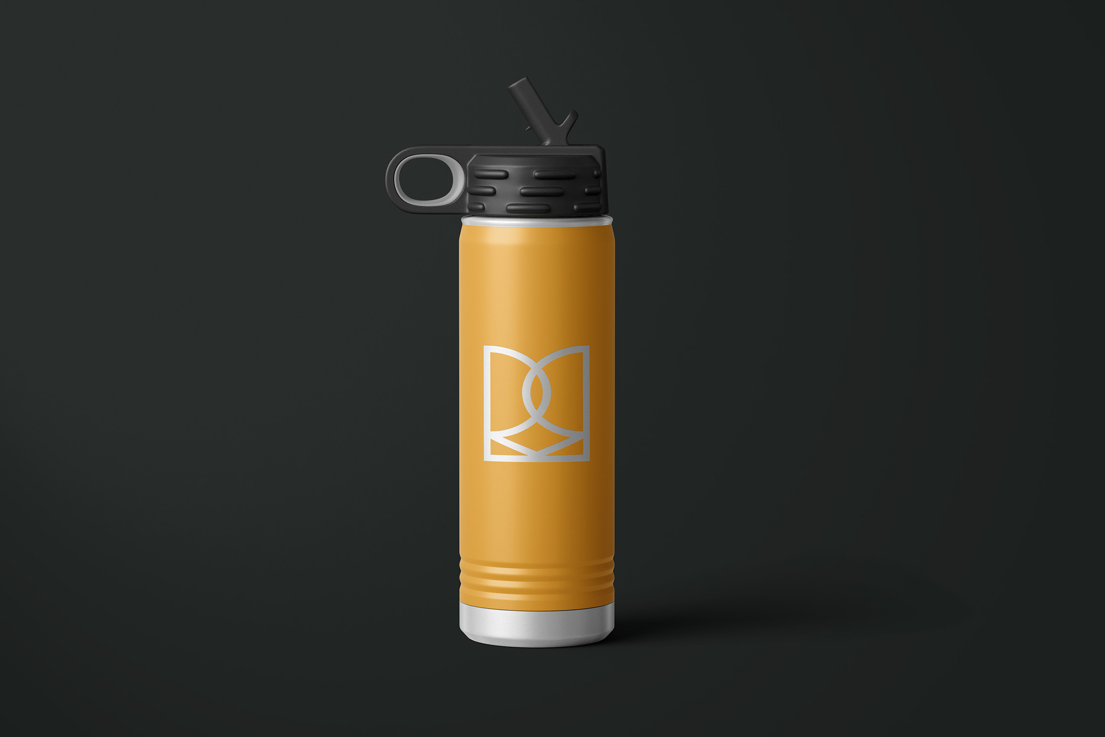 A reusable yellow water bottle featuring the Rebecca Mansell Consulting logo, displayed on a dark background.