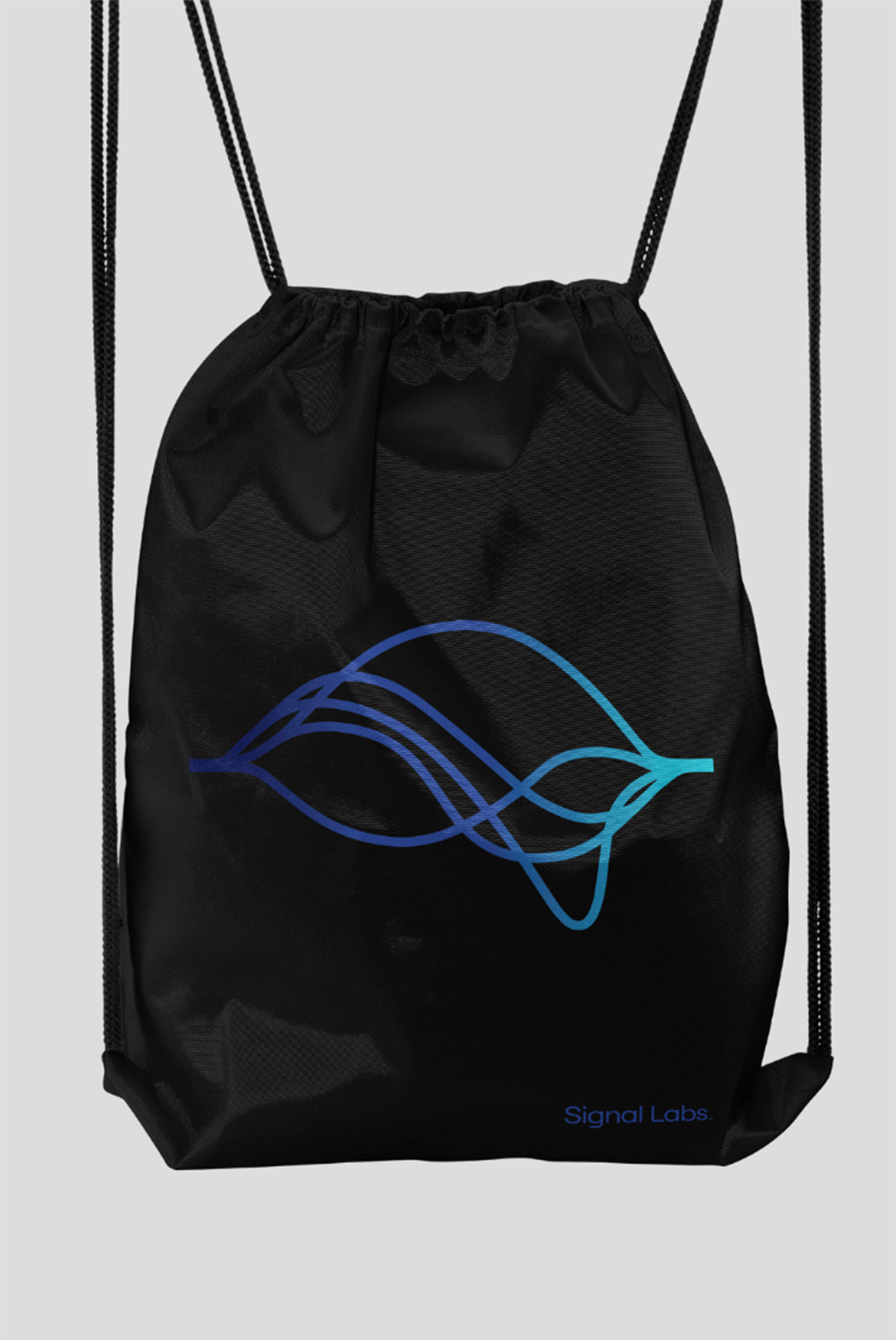 Signal Labs branded black drawstring bag featuring the abstract brain wave logo in gradient blue and teal.