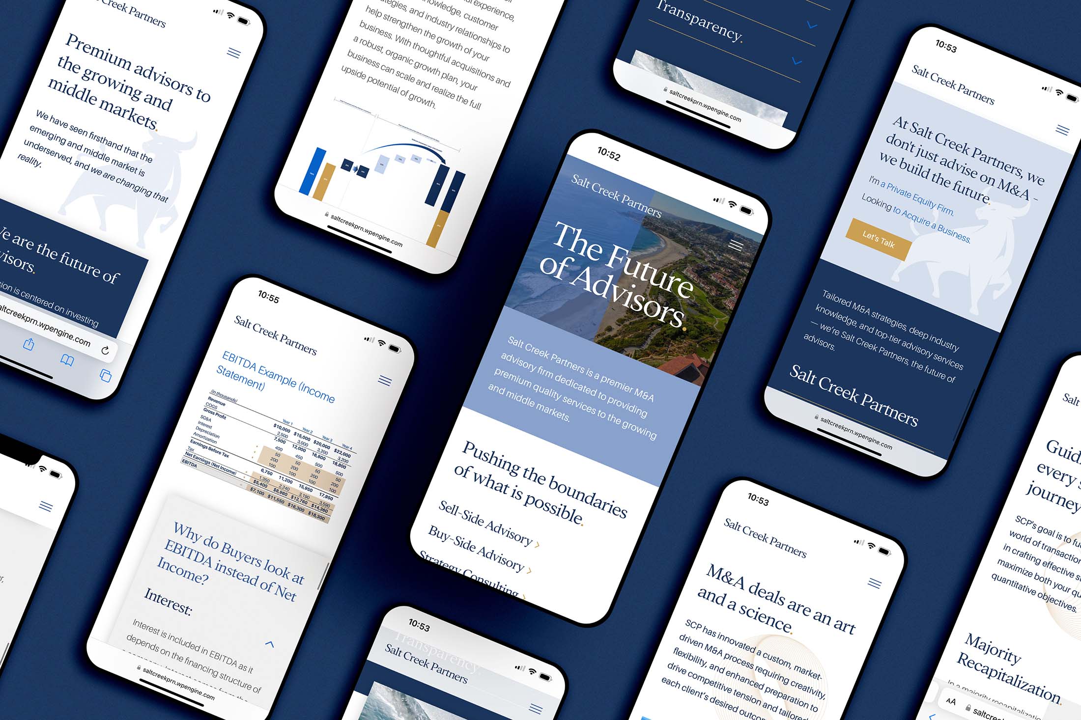 Mobile interface showcasing Salt Creek Partners’ website with multiple phone screens displaying key pages and branding elements.