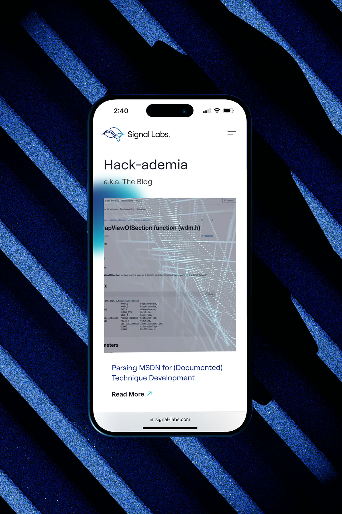 Signal Labs blog page, Hack-ademia, displayed on a smartphone screen with a sleek cybersecurity-inspired background.