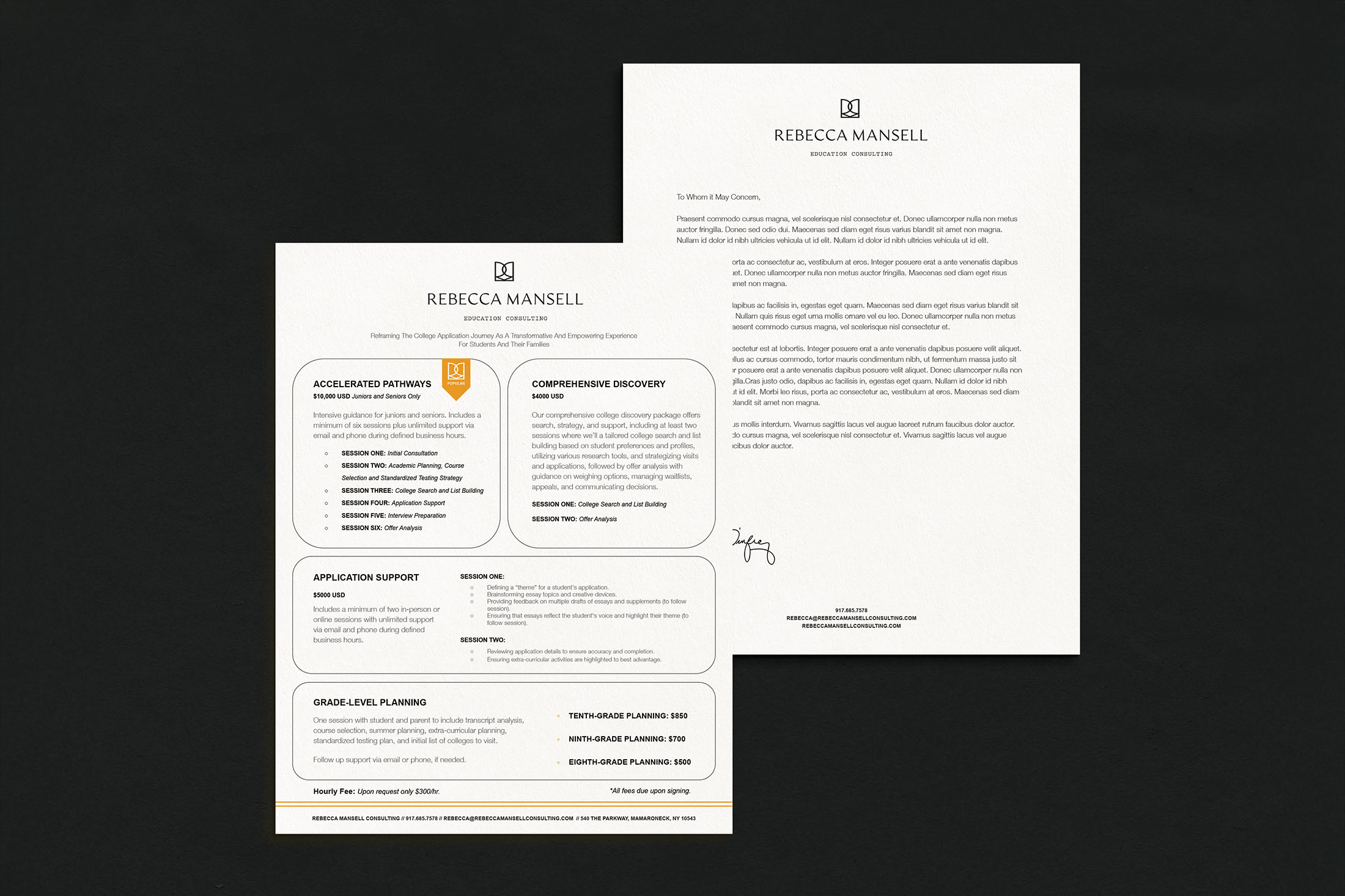 Rebecca Mansell Consulting branded service sheets and letterhead, detailing services like “Accelerated Pathways,” “Comprehensive Discovery,” “Application Support,” and “Grade-Level Planning,” presented in a professional, minimalist design on a dark background.