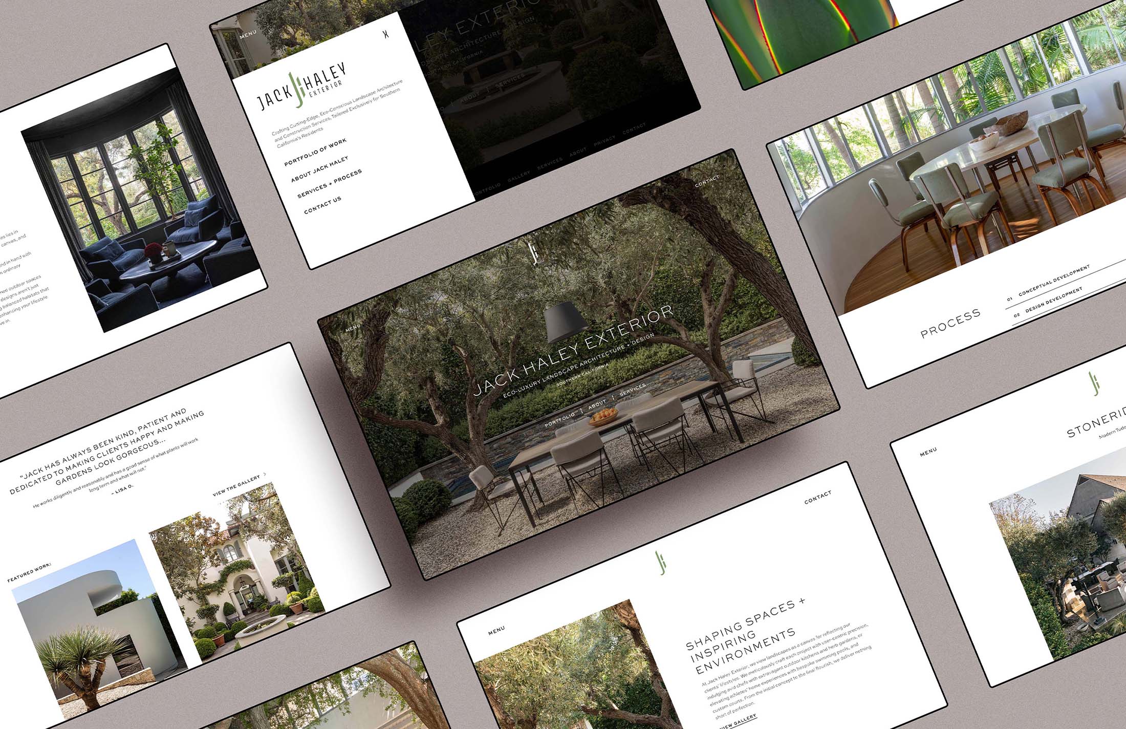 A collection of Jack Haley Exterior website pages showcasing project galleries, client testimonials, and detailed process sections, arranged in a clean, modern grid design.