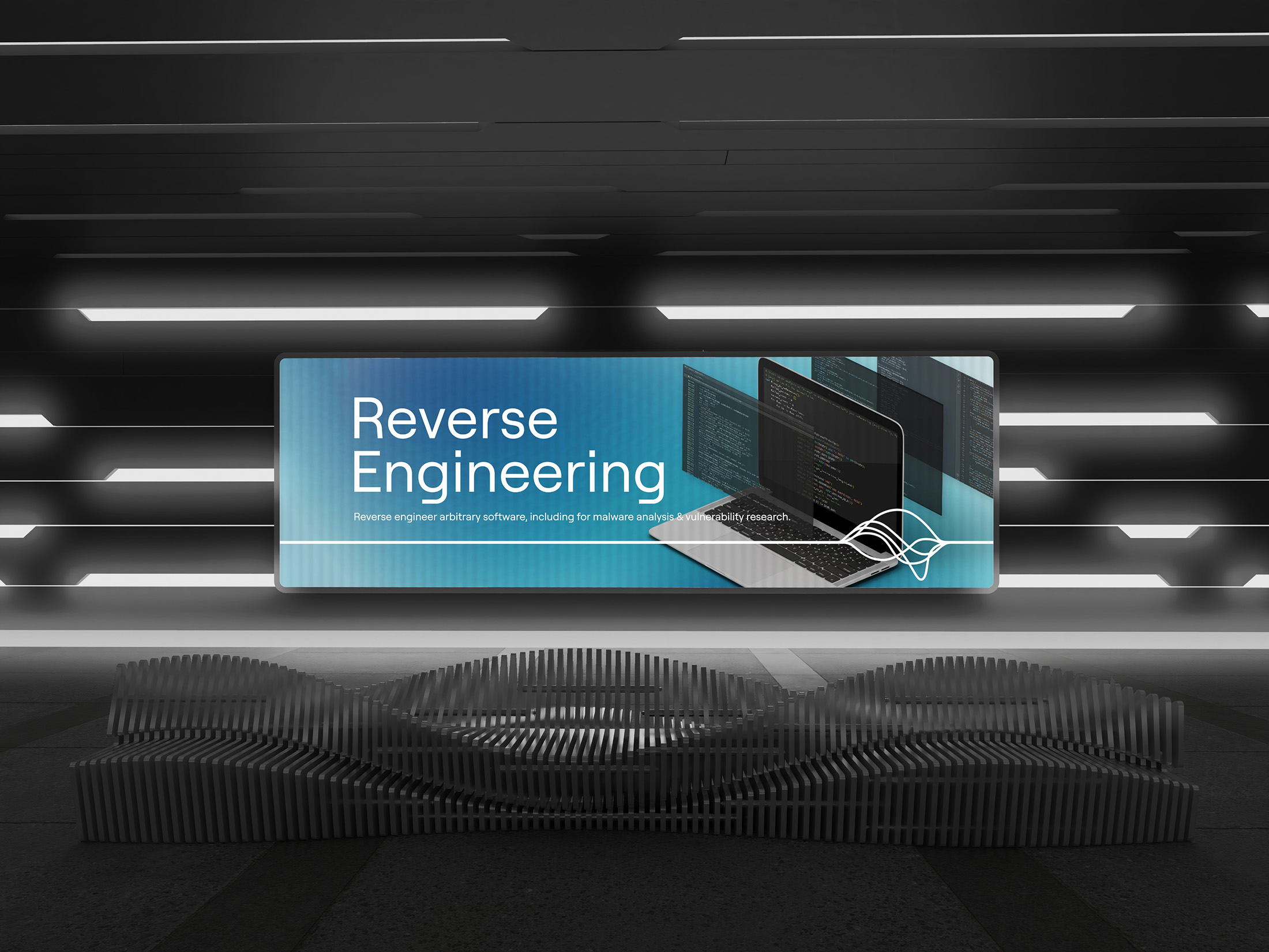 Signal Labs advertisement for reverse engineering displayed in a futuristic environment, featuring a laptop and code graphics on a glowing blue background.