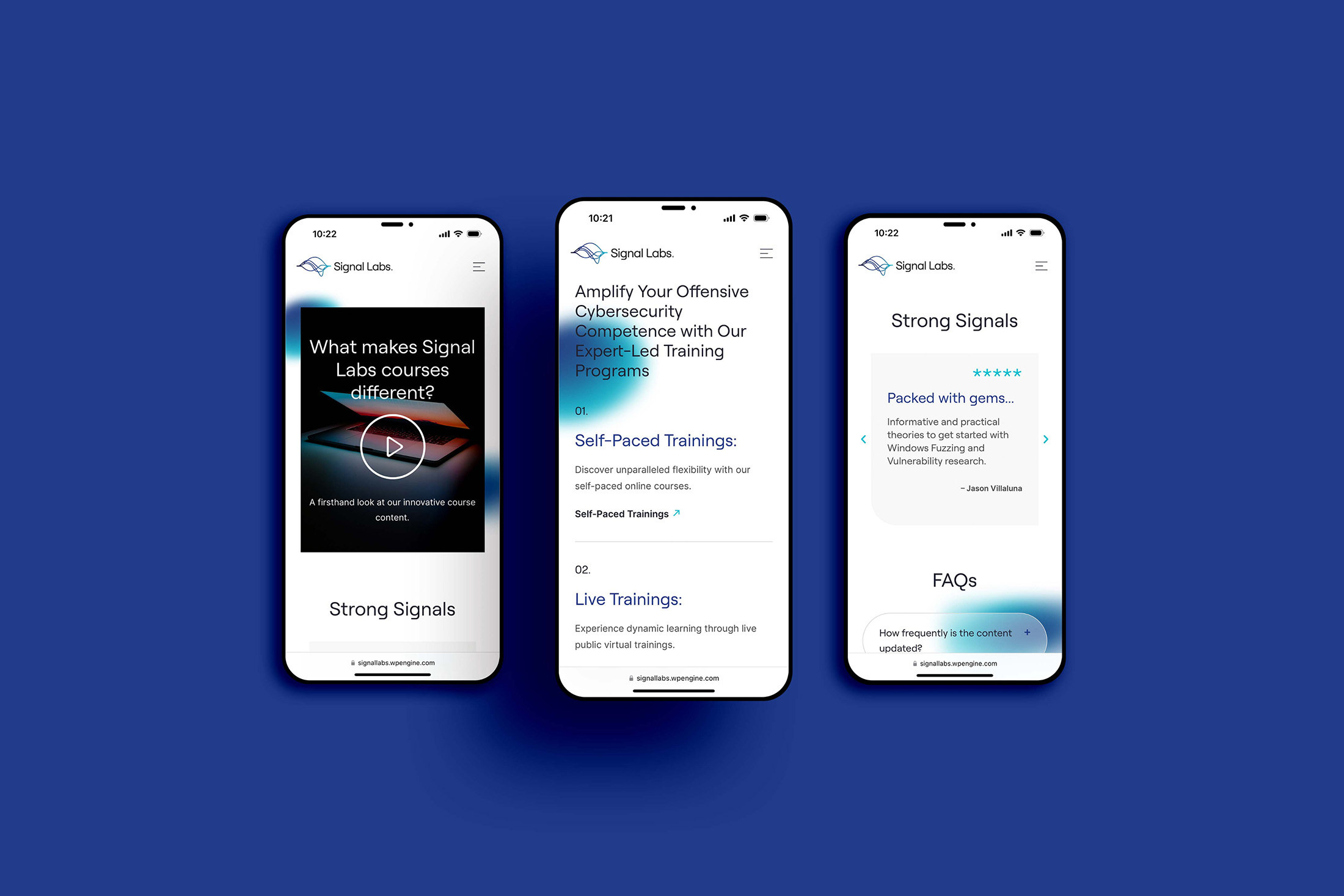 Signal Labs mobile interface mockup displaying course offerings, user reviews, and FAQs across three smartphone screens on a blue background.