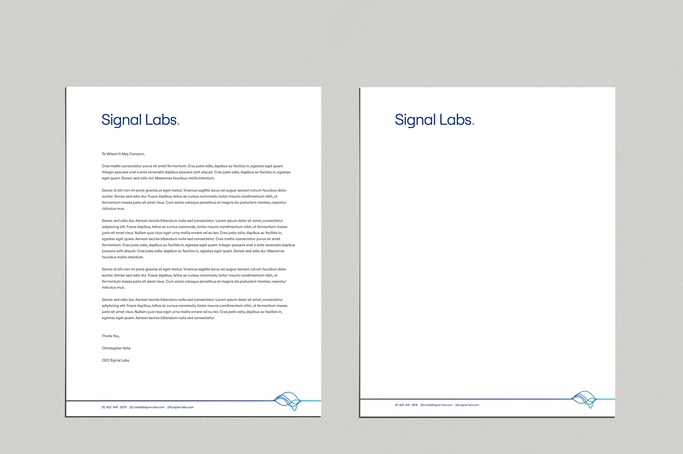 Signal Labs professional letterhead designs showcasing a minimal, clean layout with branding details and contact information.