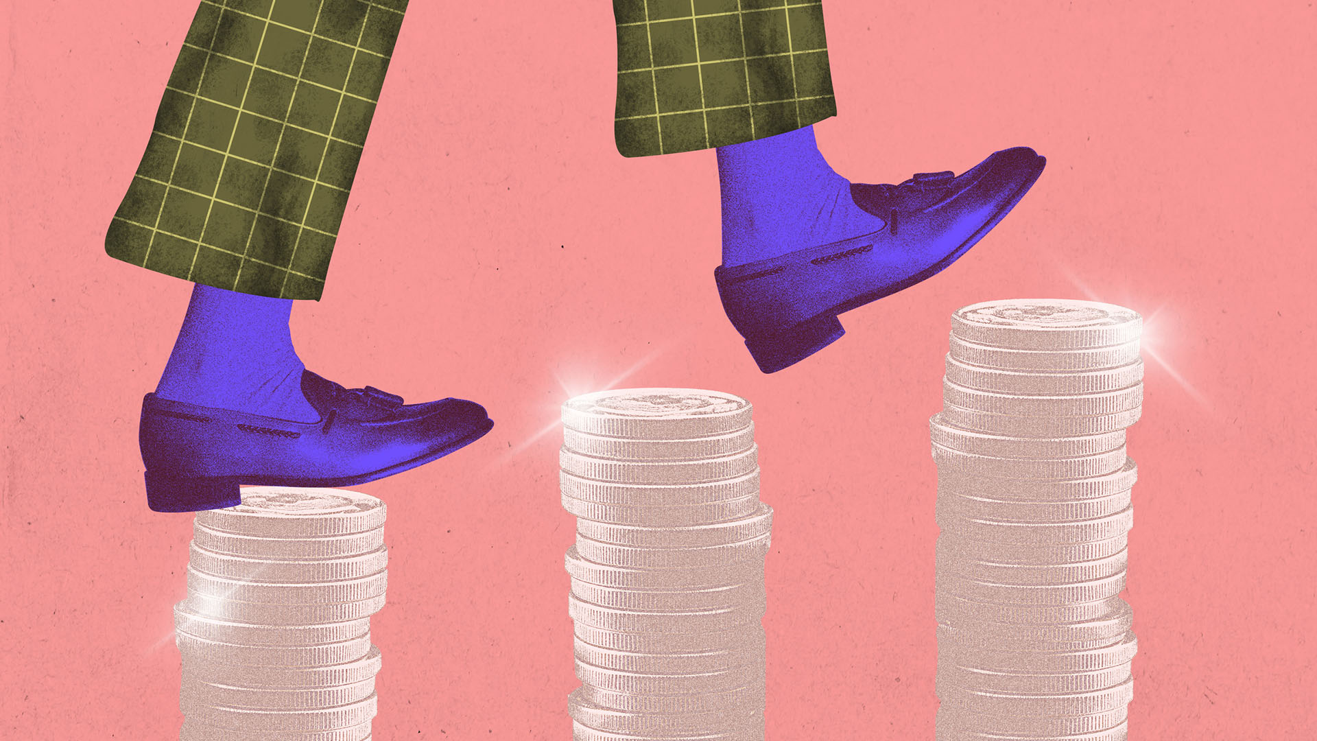 Illustration of a person in green plaid pants and blue loafers stepping on stacks of shiny coins against a pink background.