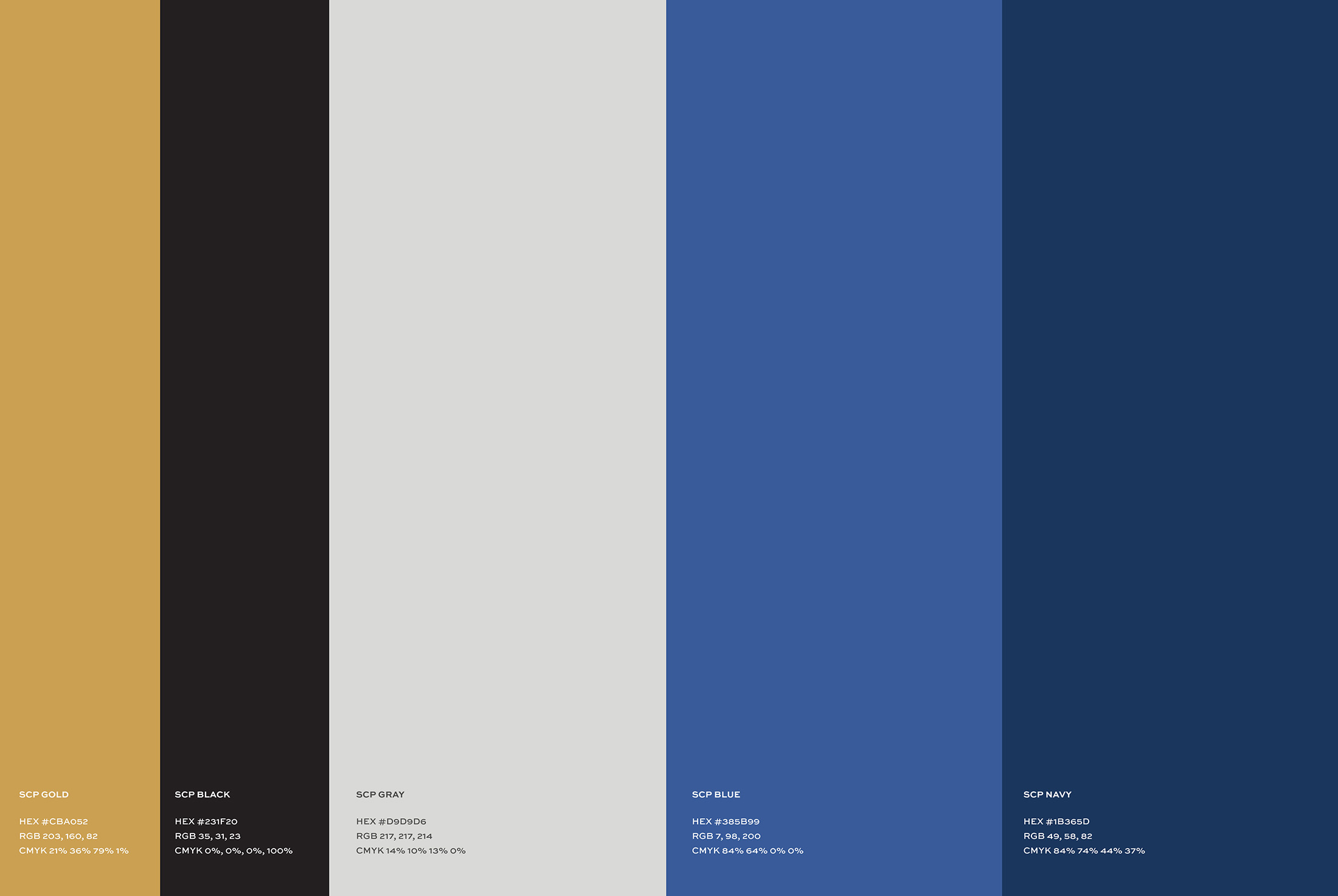 Salt Creek Partners brand color palette featuring gold, black, gray, blue, and navy with corresponding HEX, RGB, and CMYK values.