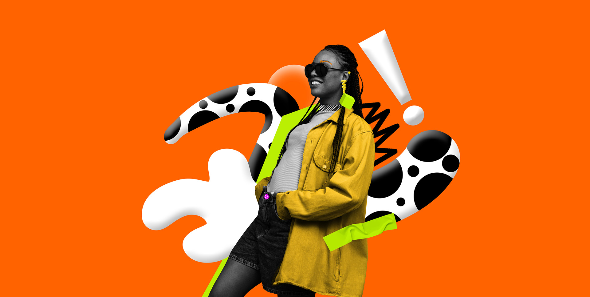 Stylish woman in a bright yellow jacket with bold, abstract black-and-white and neon green graphic elements on an orange background.