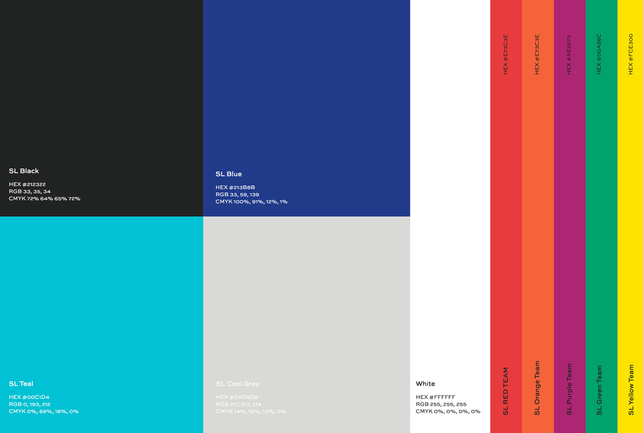 Signal Labs brand color palette showcasing SL Black, SL Blue, SL Teal, SL Cool Gray, White, and vibrant accent colors.