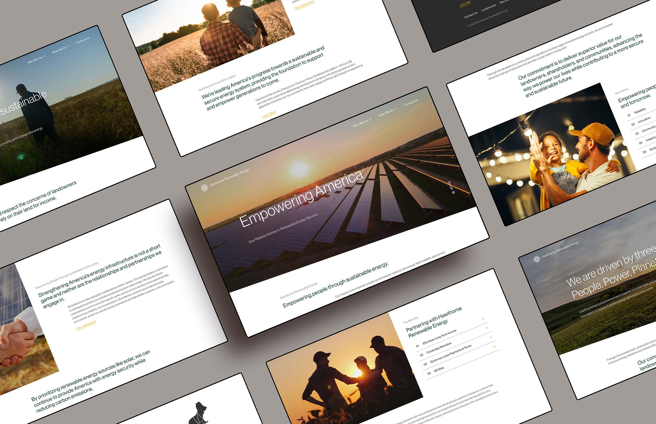 Multiple website design mockups for Hawthorne Renewable Energy, highlighting their branding, mission statements, and imagery focused on sustainability and energy solutions.