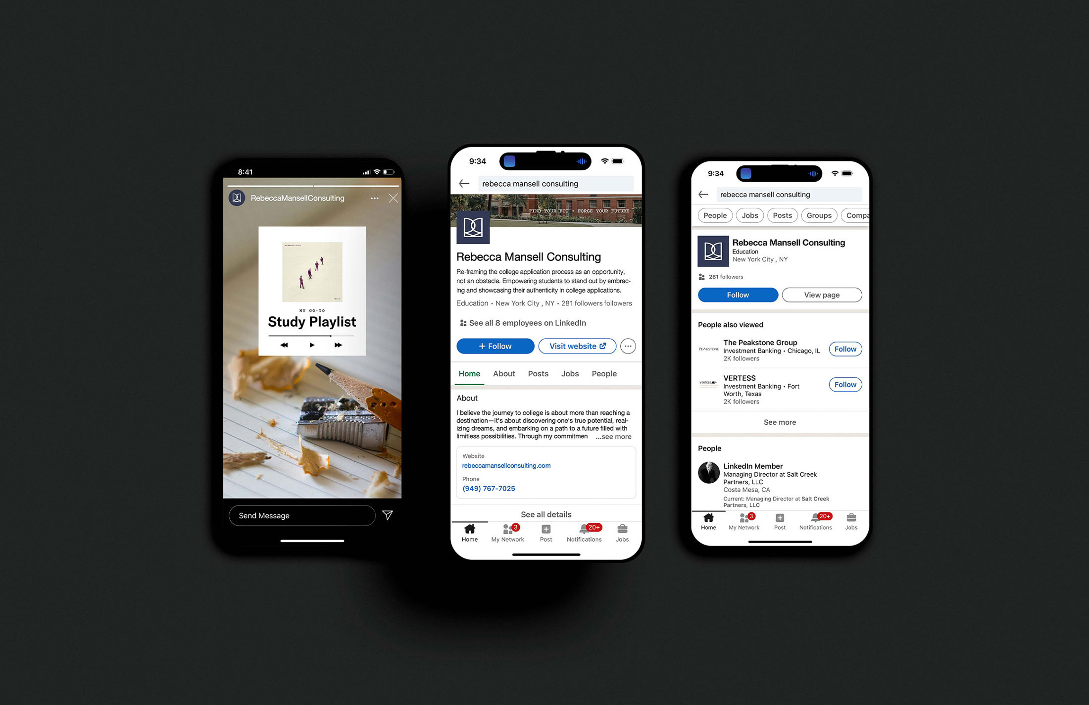 Mobile devices showcasing Rebecca Mansell Consulting’s digital presence: an Instagram story featuring a “Study Playlist,” a LinkedIn company page overview, and additional LinkedIn profile details with the company’s logo and services highlighted.