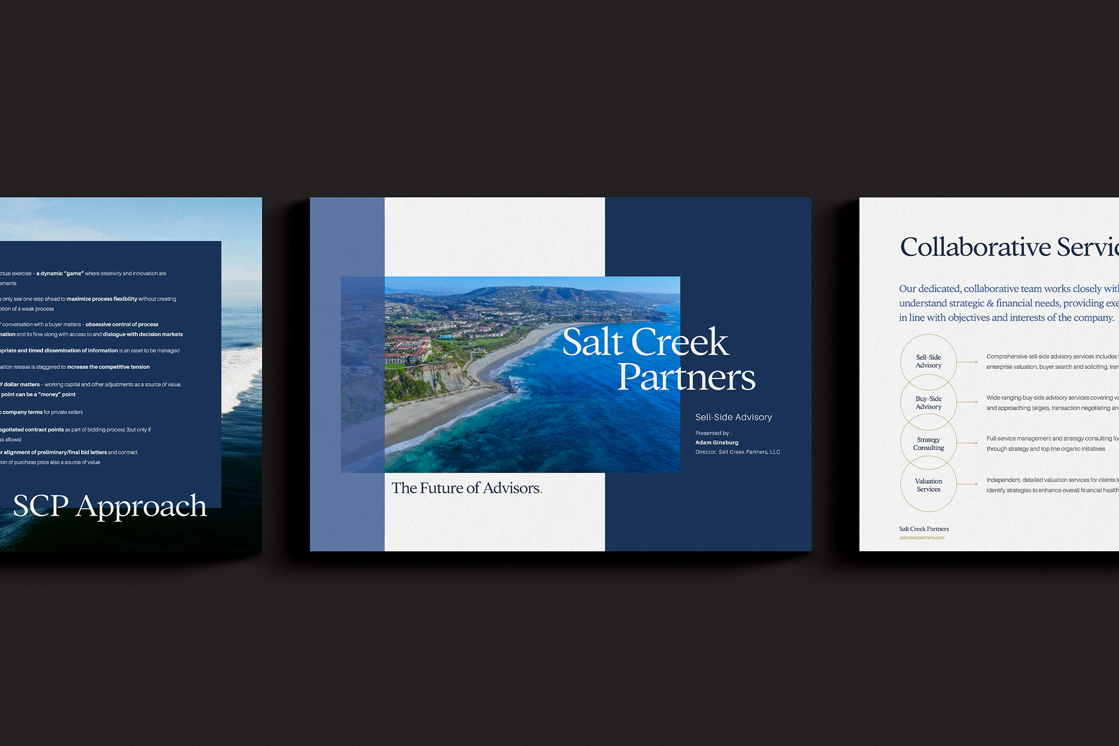 Presentation slide designs for Salt Creek Partners showcasing a coastal image, branding, and collaborative services for M&A advisory.