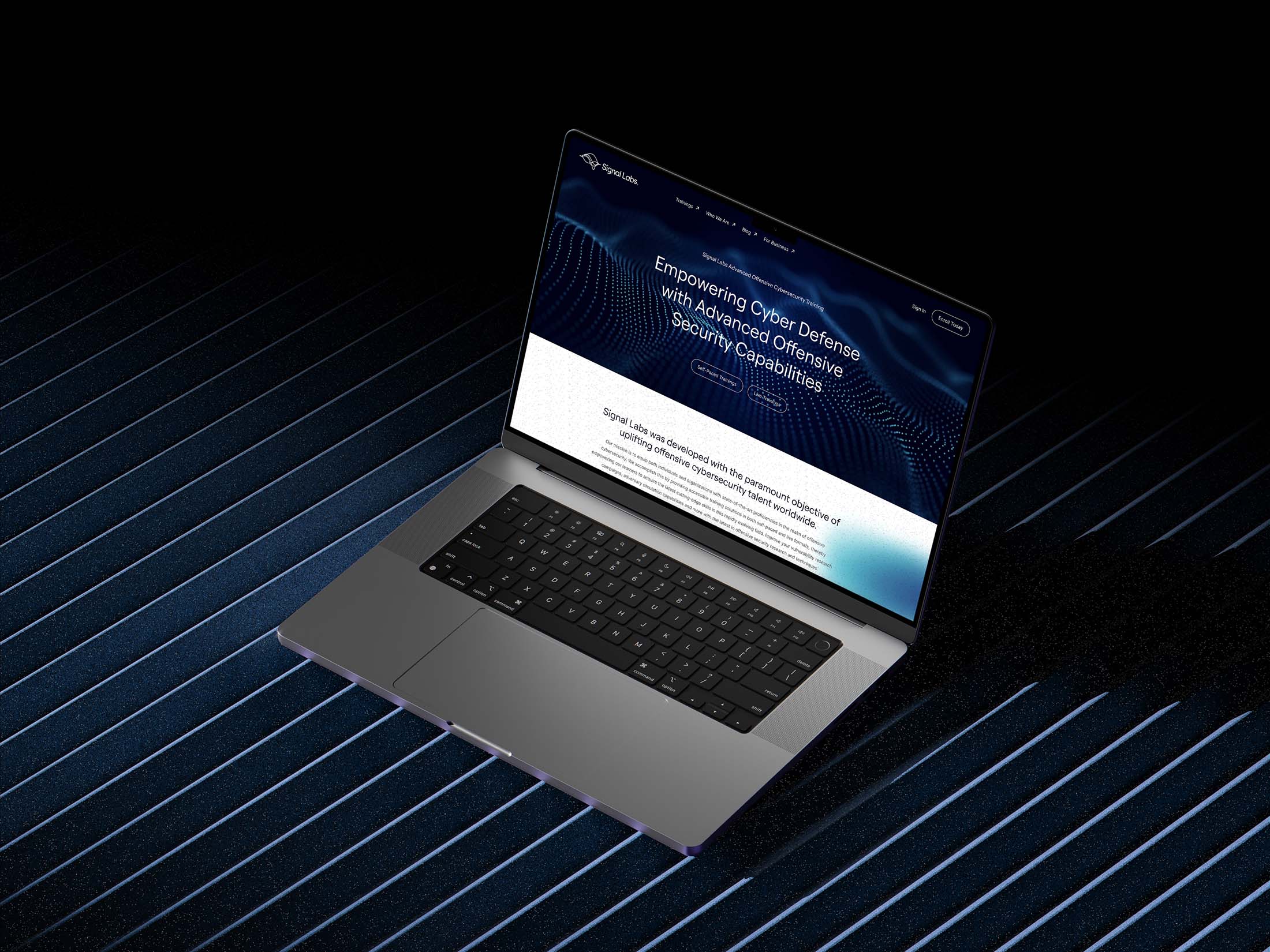 Signal Labs website mockup displayed on a laptop, highlighting a modern, user-friendly design for cybersecurity education.