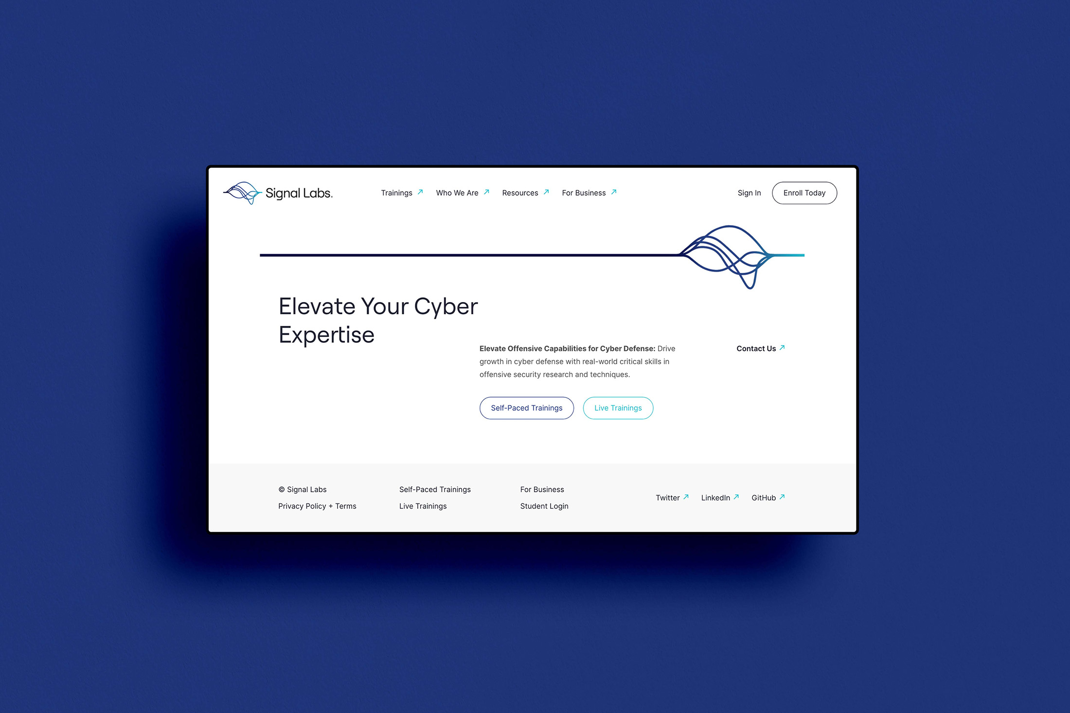 Signal Labs footer mockup featuring a clean layout, brand logo, and key message ‘Elevate Your Cyber Expertise’ on a blue background.