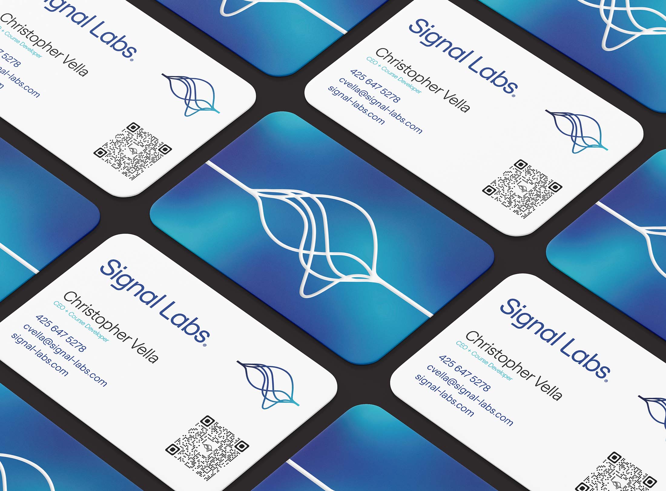 Signal Labs business cards with a clean blue and white design, featuring the logo, contact details, and a QR code for easy access.