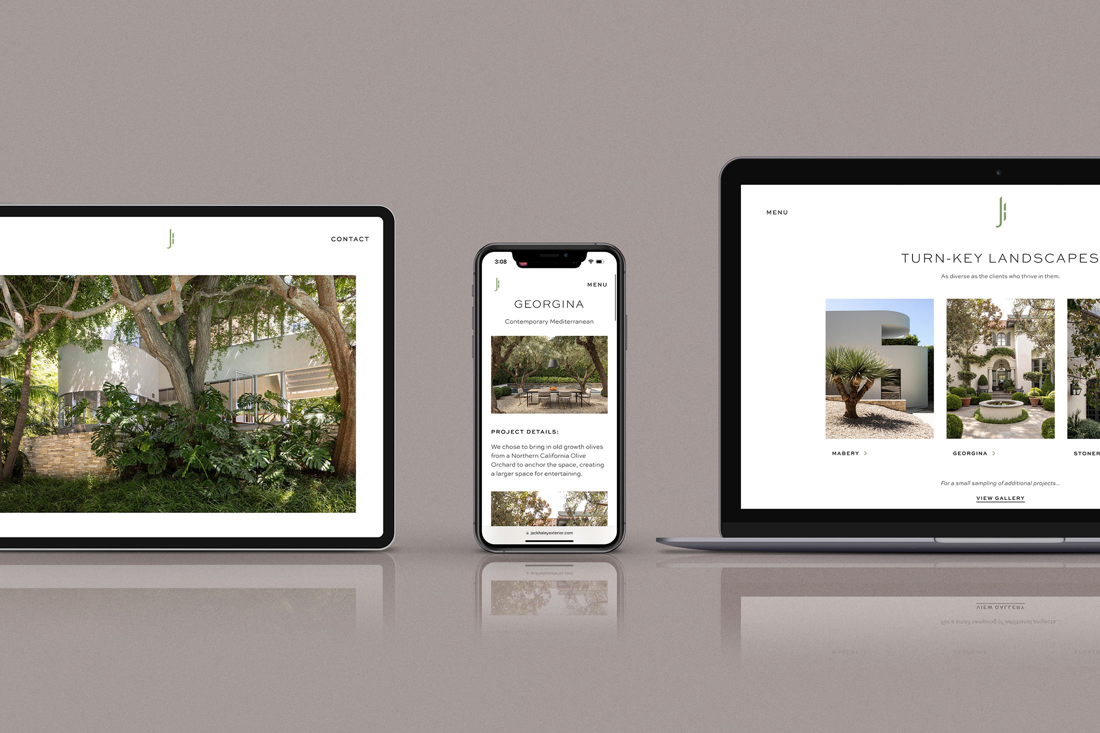 A responsive website design displayed on a tablet, smartphone, and laptop screen showcasing the Jack Haley Exterior portfolio and project pages, highlighting the adaptable and elegant layout for landscape architecture projects.