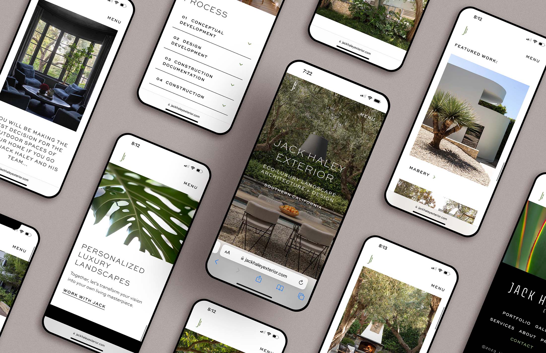 Multiple smartphones displaying various pages of Jack Haley Exterior’s mobile-friendly website, showcasing luxurious landscape designs and the design process.