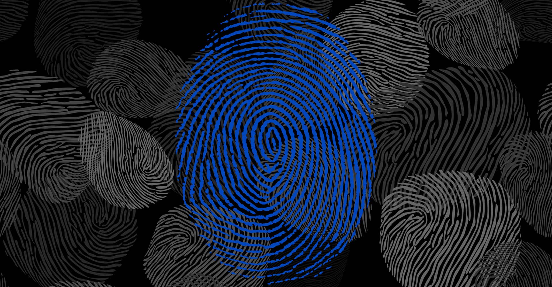 A prominent blue fingerprint among black and gray fingerprints on a dark background, symbolizing unique brand values as a competitive edge.