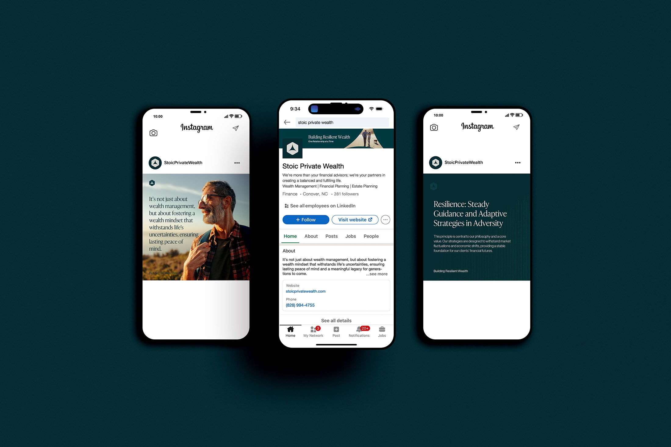 Three mobile mockups showcasing Stoic Private Wealth’s social media presence, including Instagram and LinkedIn posts, highlighting resilience and wealth management themes.