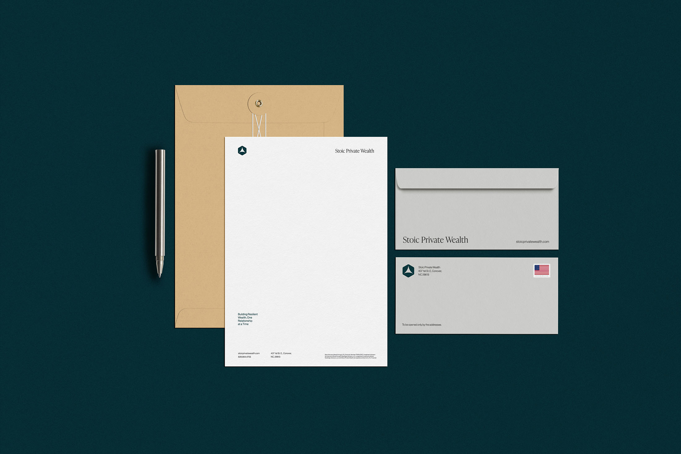 Stoic Private Wealth branded stationery set including a letterhead, envelope, and kraft mailer, featuring the logo and contact details on a dark green background.