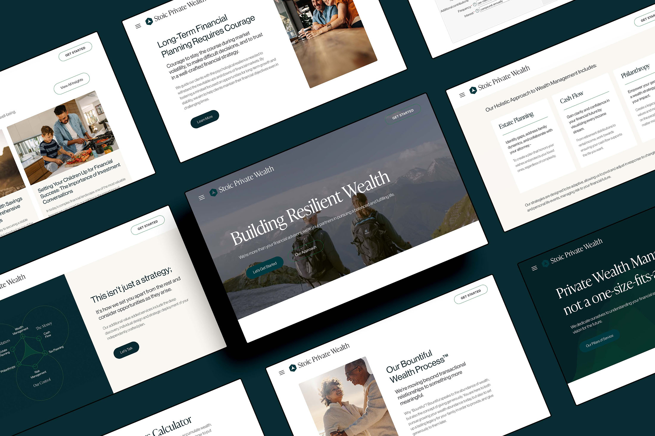 Grid of Stoic Private Wealth website design mockups showcasing various sections on wealth management, financial planning, and philanthropy.