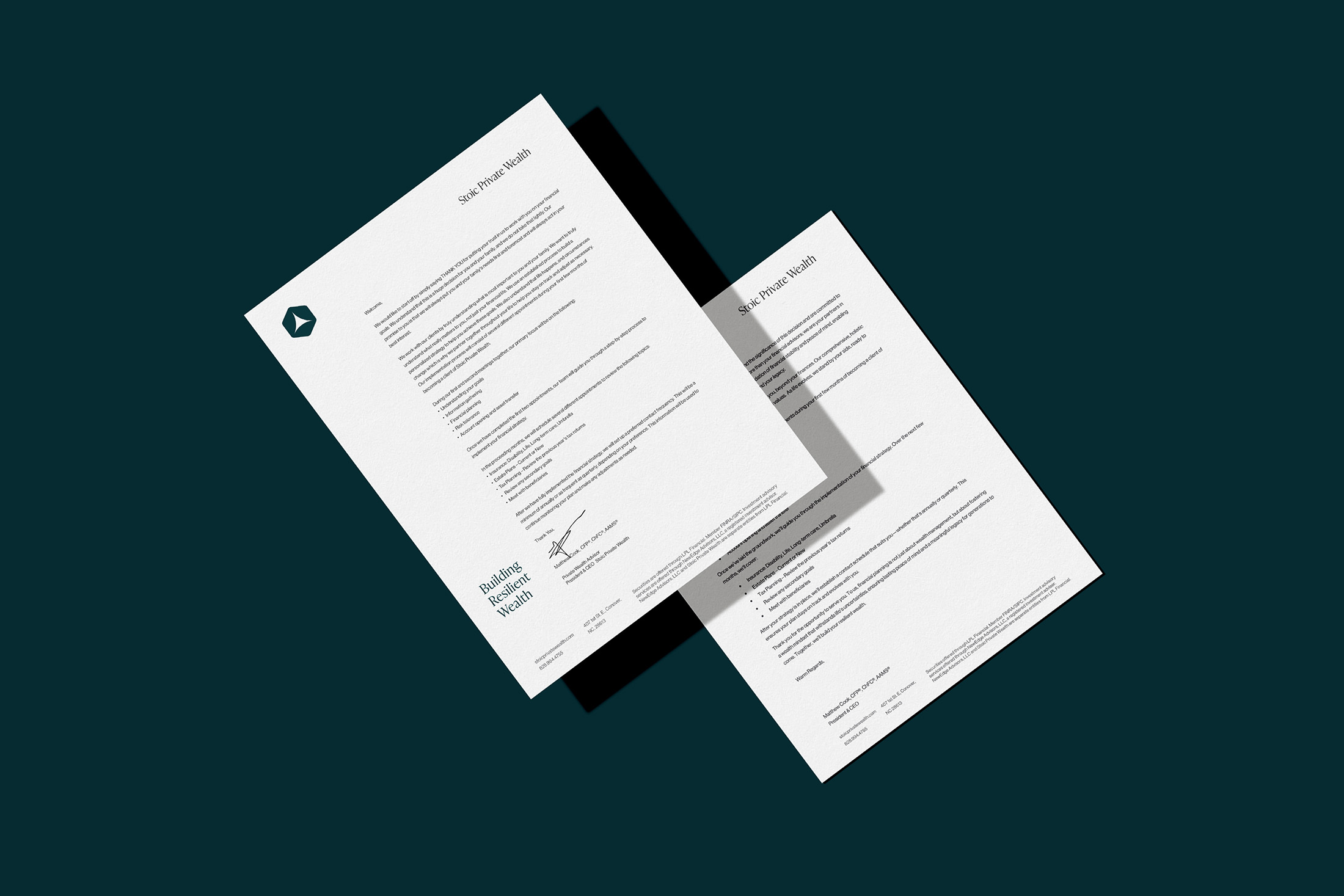 Two Stoic Private Wealth branded letterheads featuring the logo, contact details, and the tagline “Building Resilient Wealth,” displayed on a dark green background.