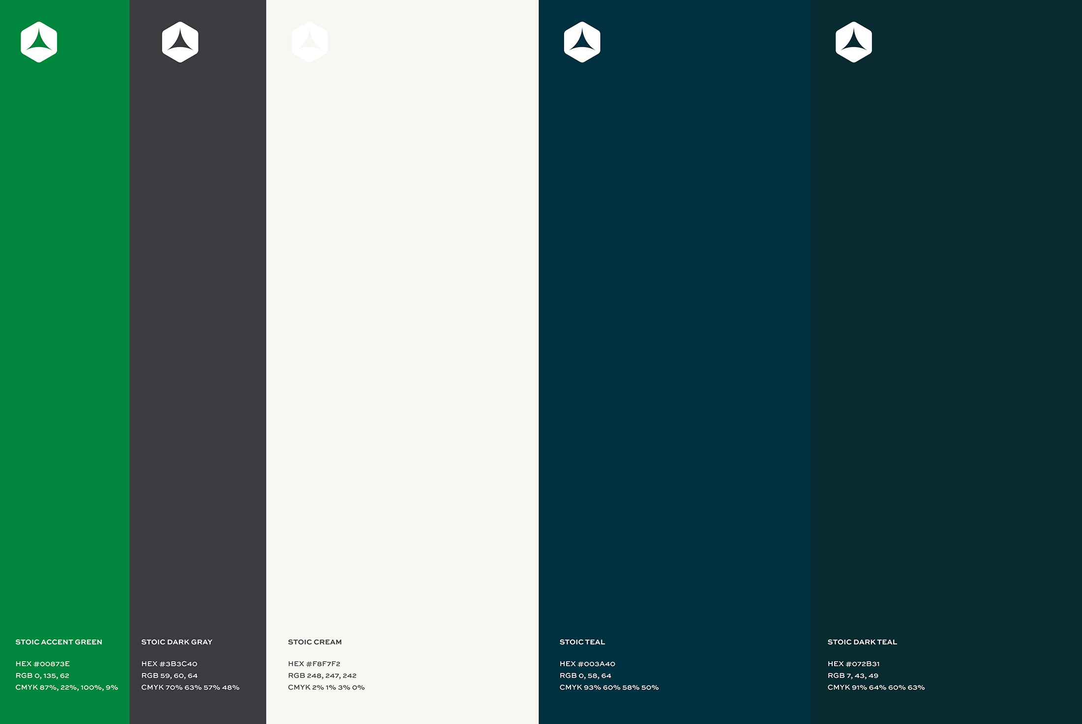 Stoic Private Wealth brand color palette showcasing Accent Green, Dark Gray, Cream, Teal, and Dark Teal with their corresponding HEX, RGB, and CMYK values.