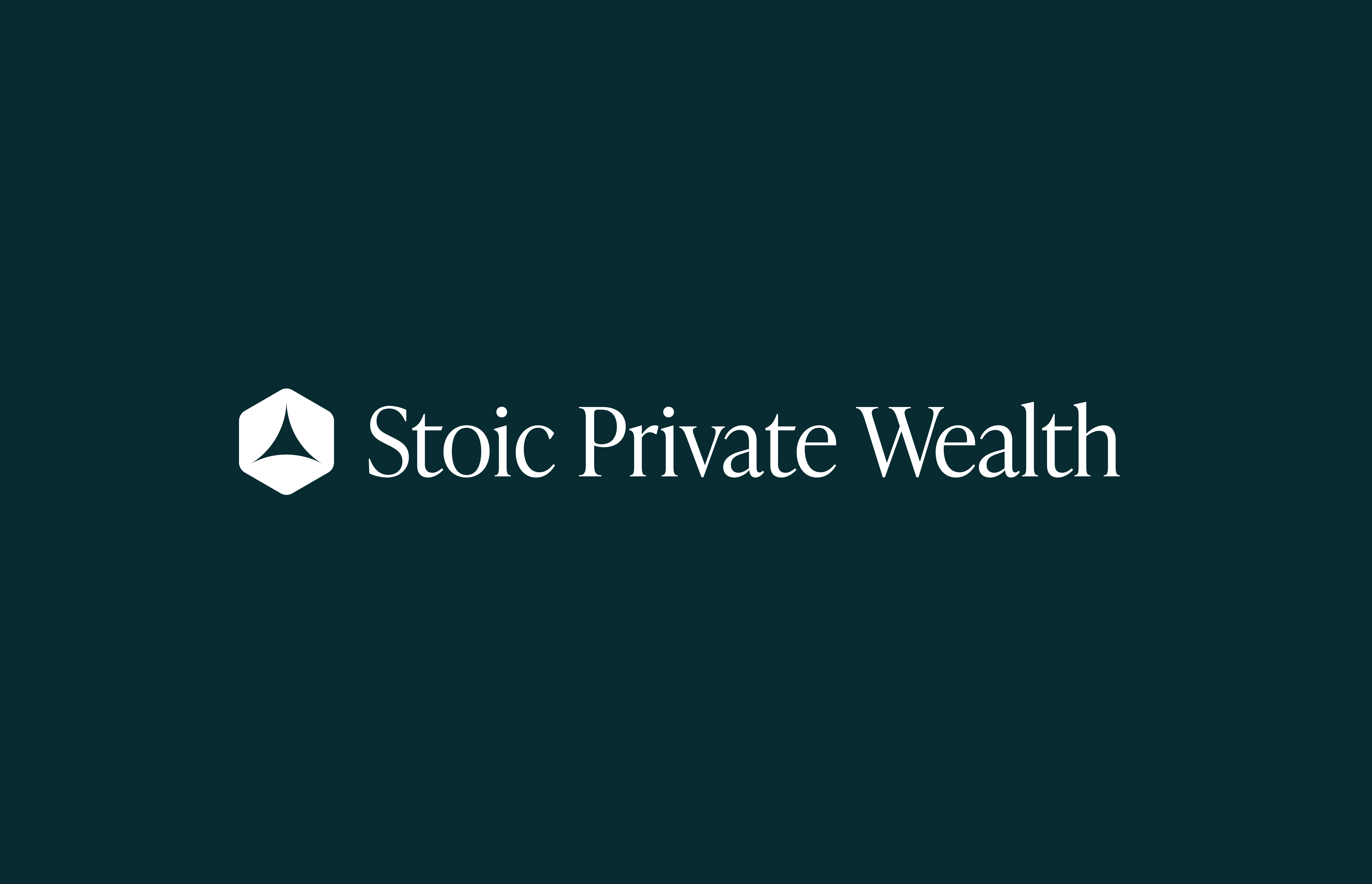 Stoic Private Wealth logo with a geometric emblem and elegant serif text on a dark green background.